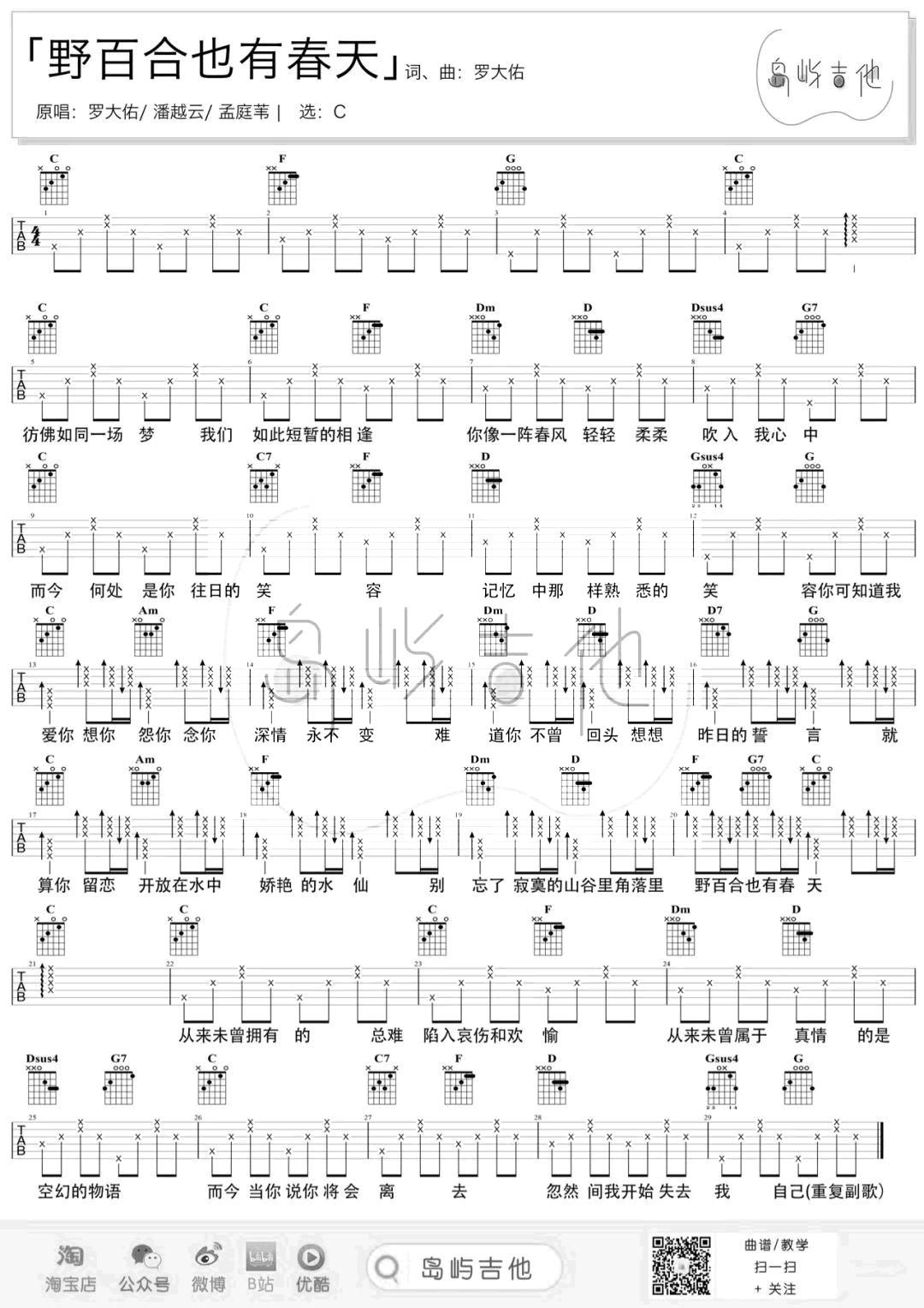 野百合也有春天吉他谱_罗大佑/孟庭苇_C调弹唱谱