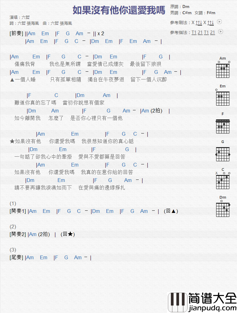 如果没有他你还爱我吗_吉他谱_六哲