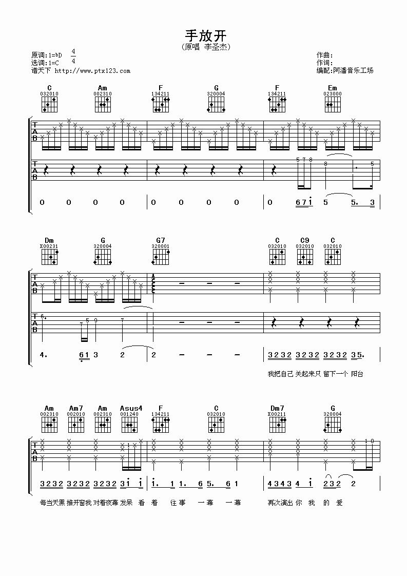 手放开吉他谱_C调六线谱_阿潘音乐工场编配_李圣杰
