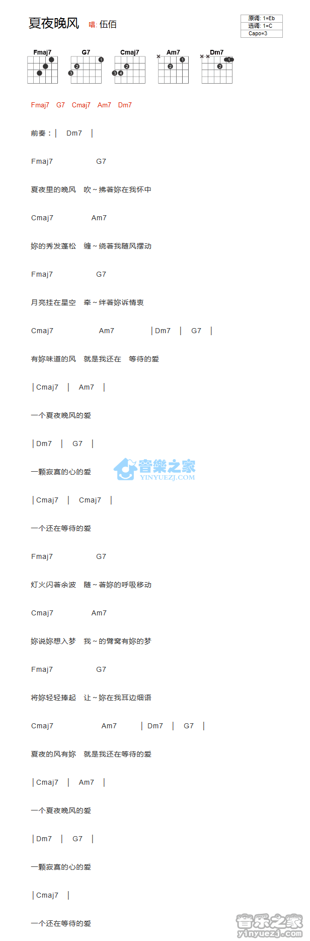 夏夜晚风吉他谱_C调和弦谱_伍佰