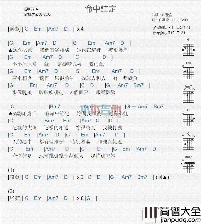 命中注定图片吉他谱庾澄庆升G调第七版