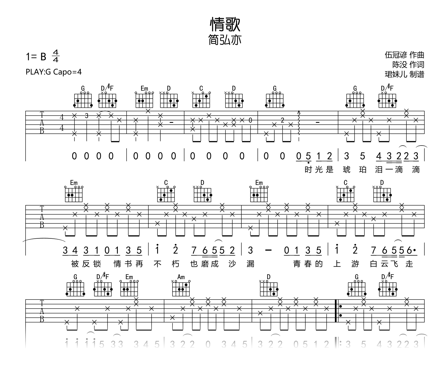 情歌吉他谱_G调男生版_简弘亦_高清弹唱谱