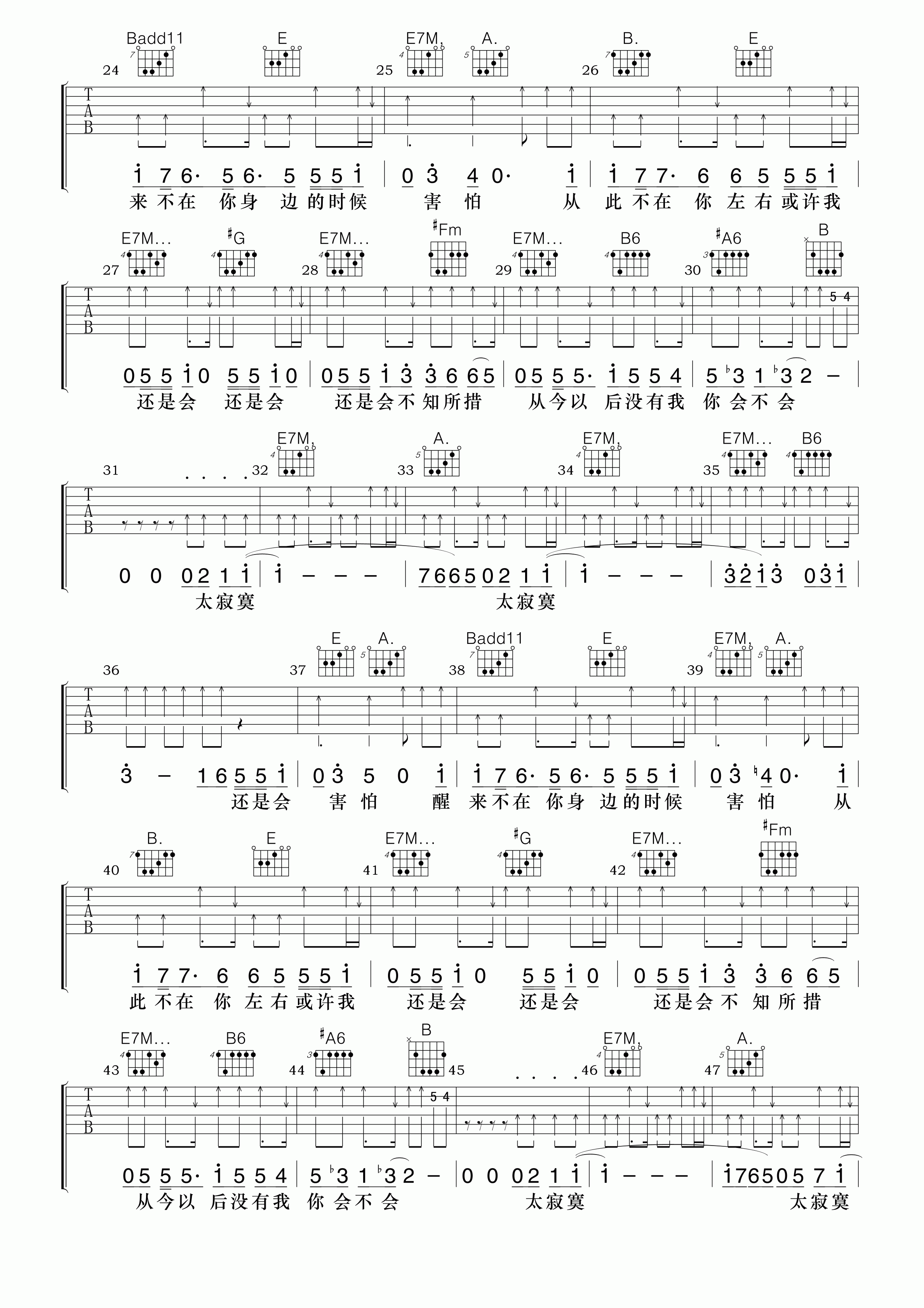 还是会吉他谱_E调高清版_小叶歌吉他编配_韦礼安