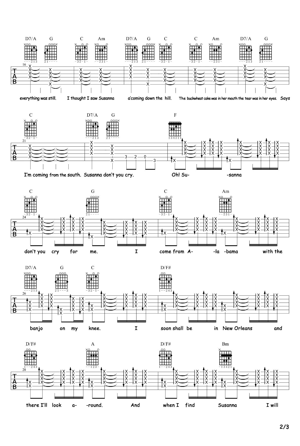 _oh！Susanna哦！苏珊娜_吉他谱_六线弹唱谱_乡村民谣_南音吉他小屋制谱