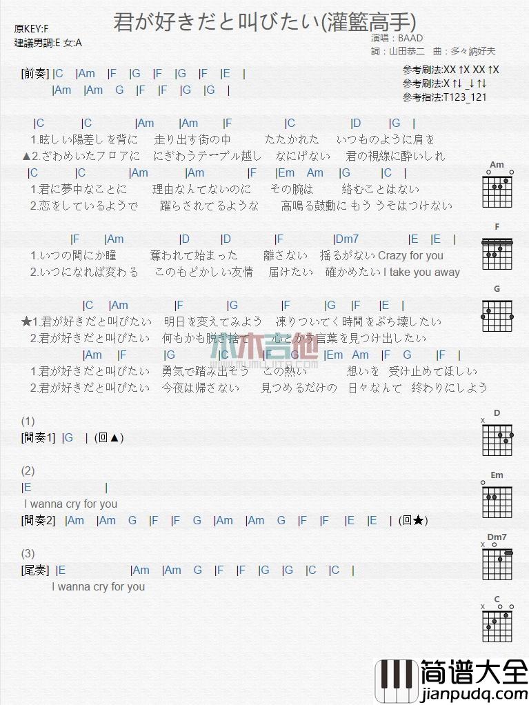 好想大声说爱你_吉他谱_游戏动漫