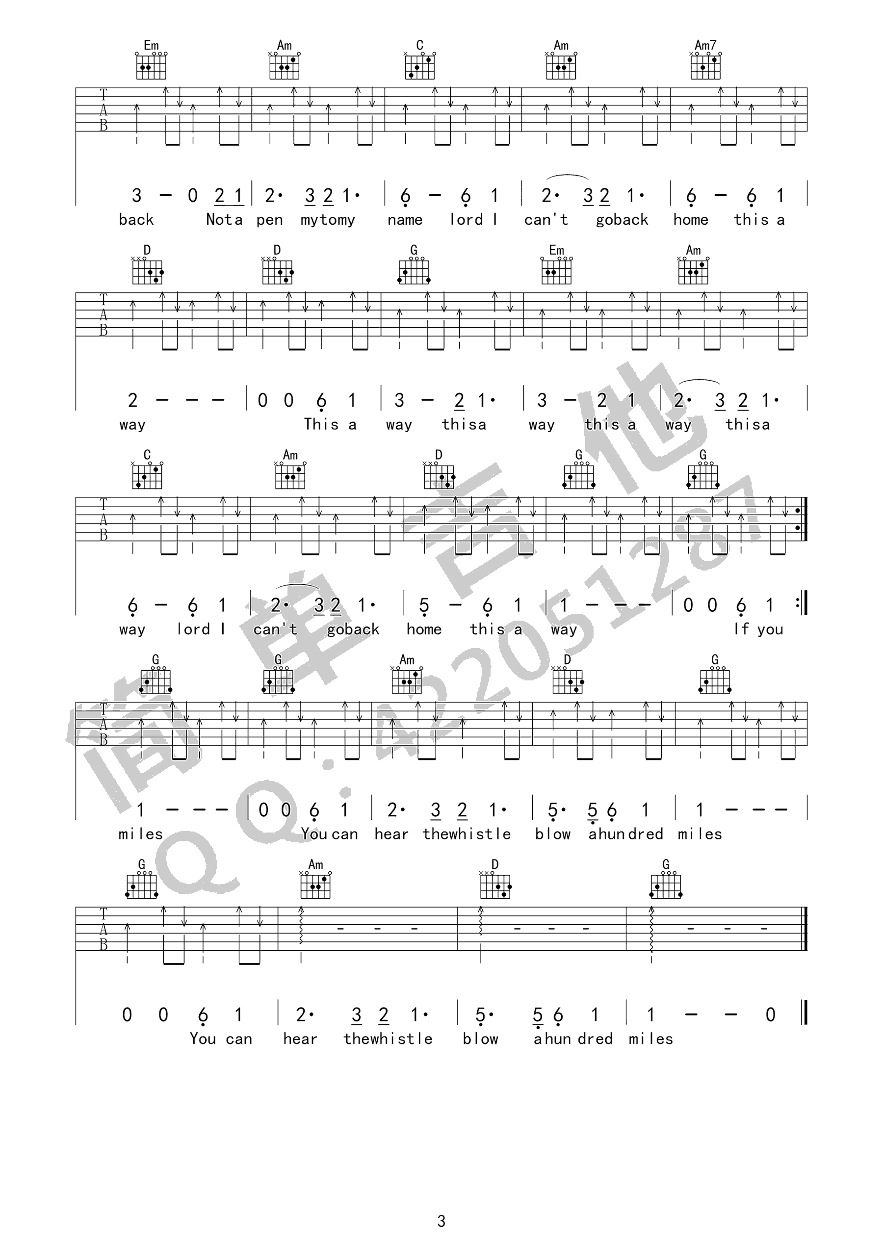 500_miles吉他谱_英文经典老歌_G调弹唱谱_高清六线谱