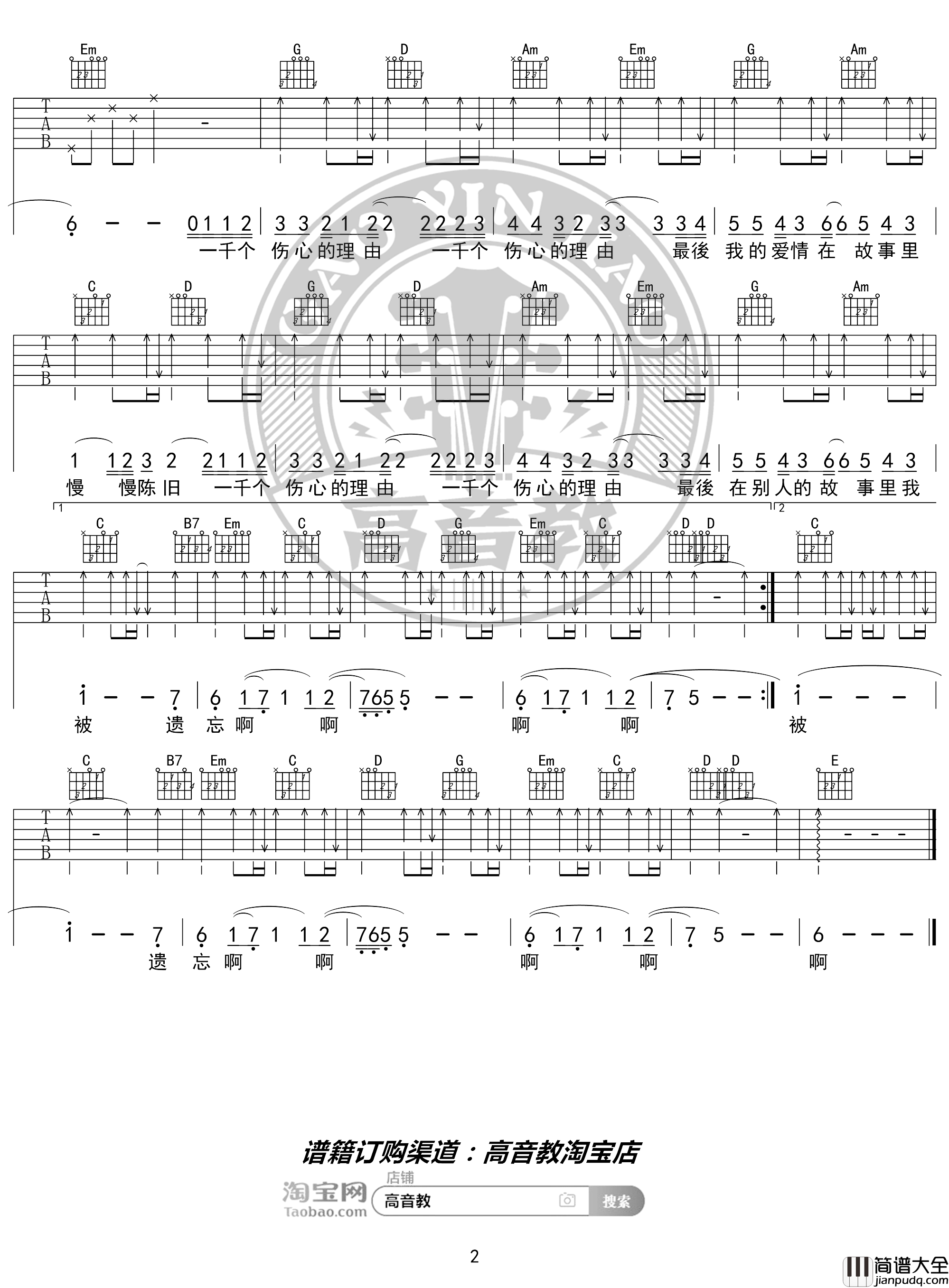 一千个伤心的理由吉他谱_张学友_G调入门版_高音教编配_猴哥吉他教学