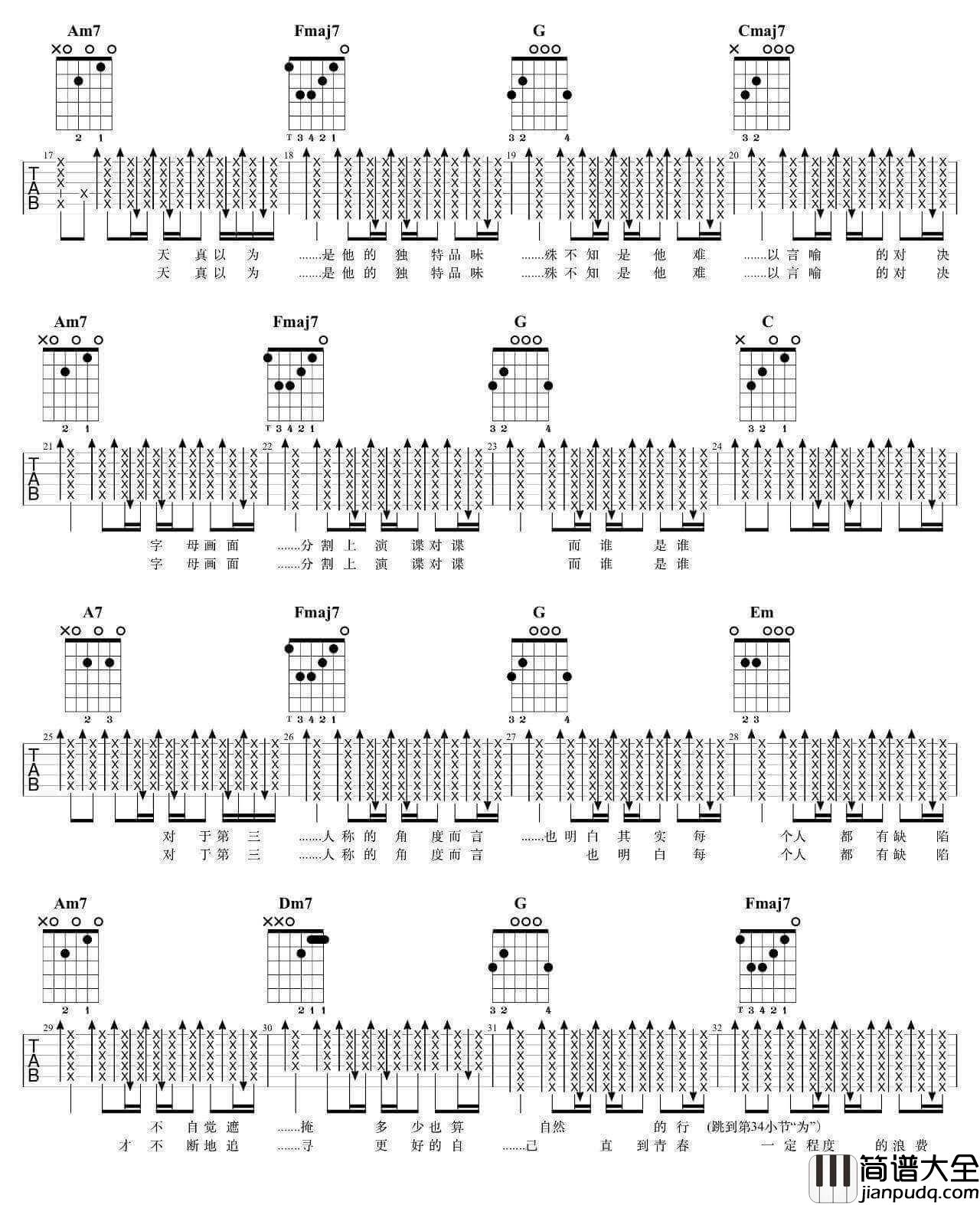 第三人称吉他谱_C调_附吉他弹唱示范视频_7T吉他编配_Hush