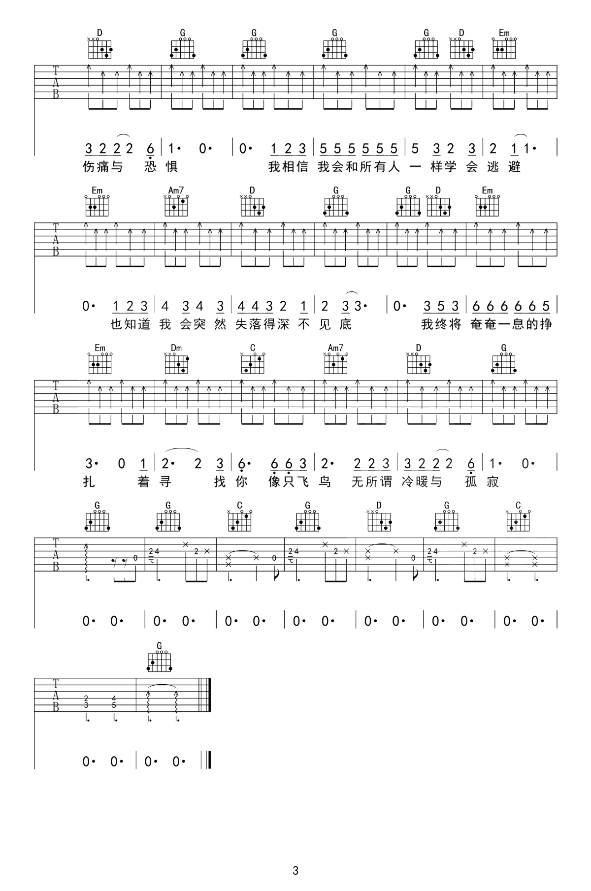 飞鸟吉他谱_汪峰_G调弹唱谱__飞鸟_吉他教学视频