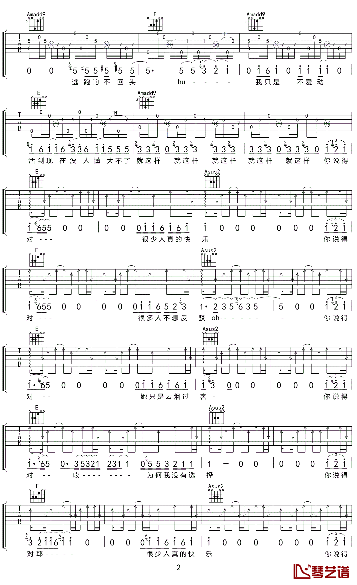 你说得对吉他谱_E调精选版_琴艺谱编配_廖俊涛