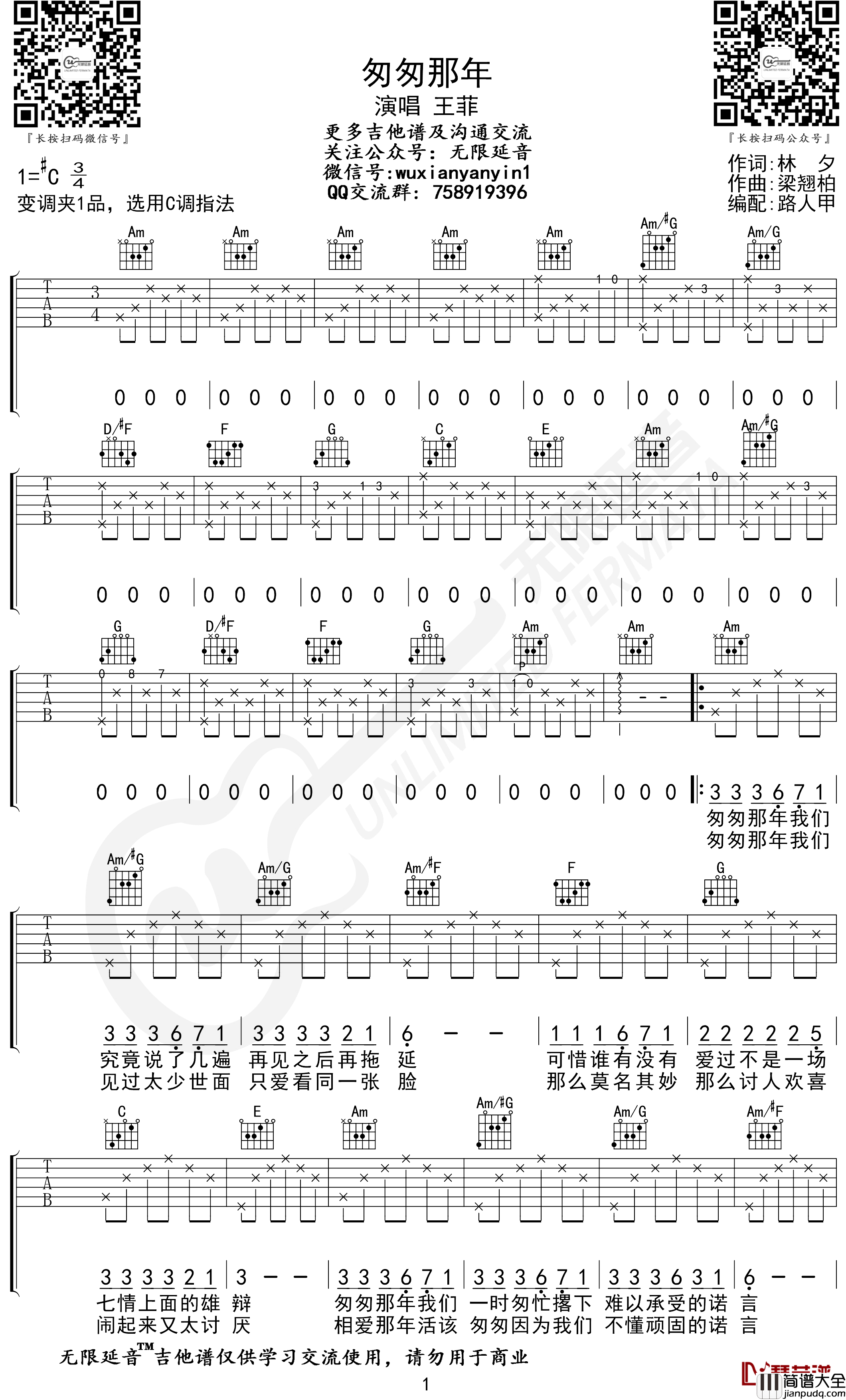 匆匆那年吉他谱_王菲_C调指法_无限延音编配