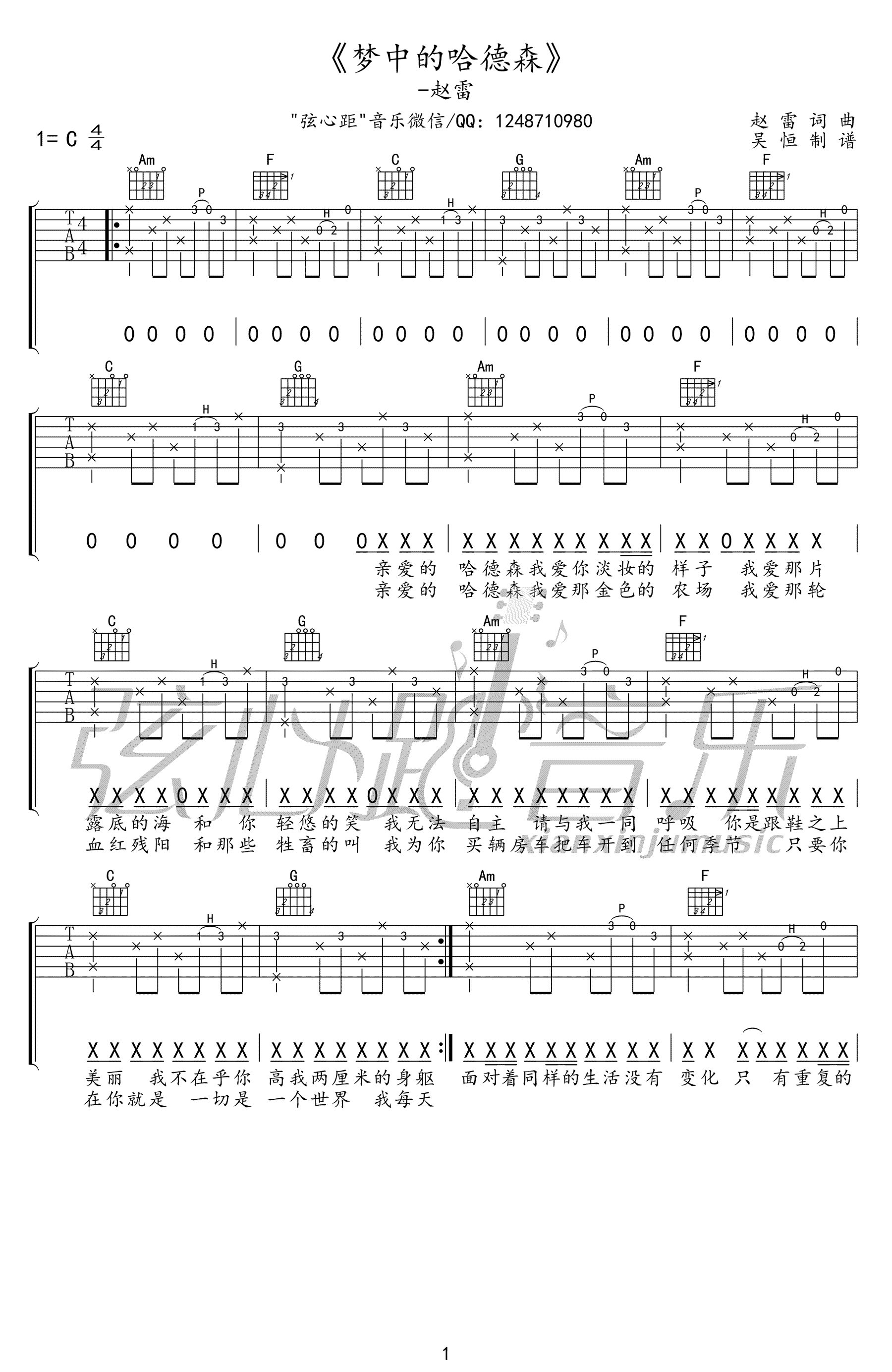 _梦中的哈德森_吉他谱_赵雷_C调弹唱六线谱_高清图片谱