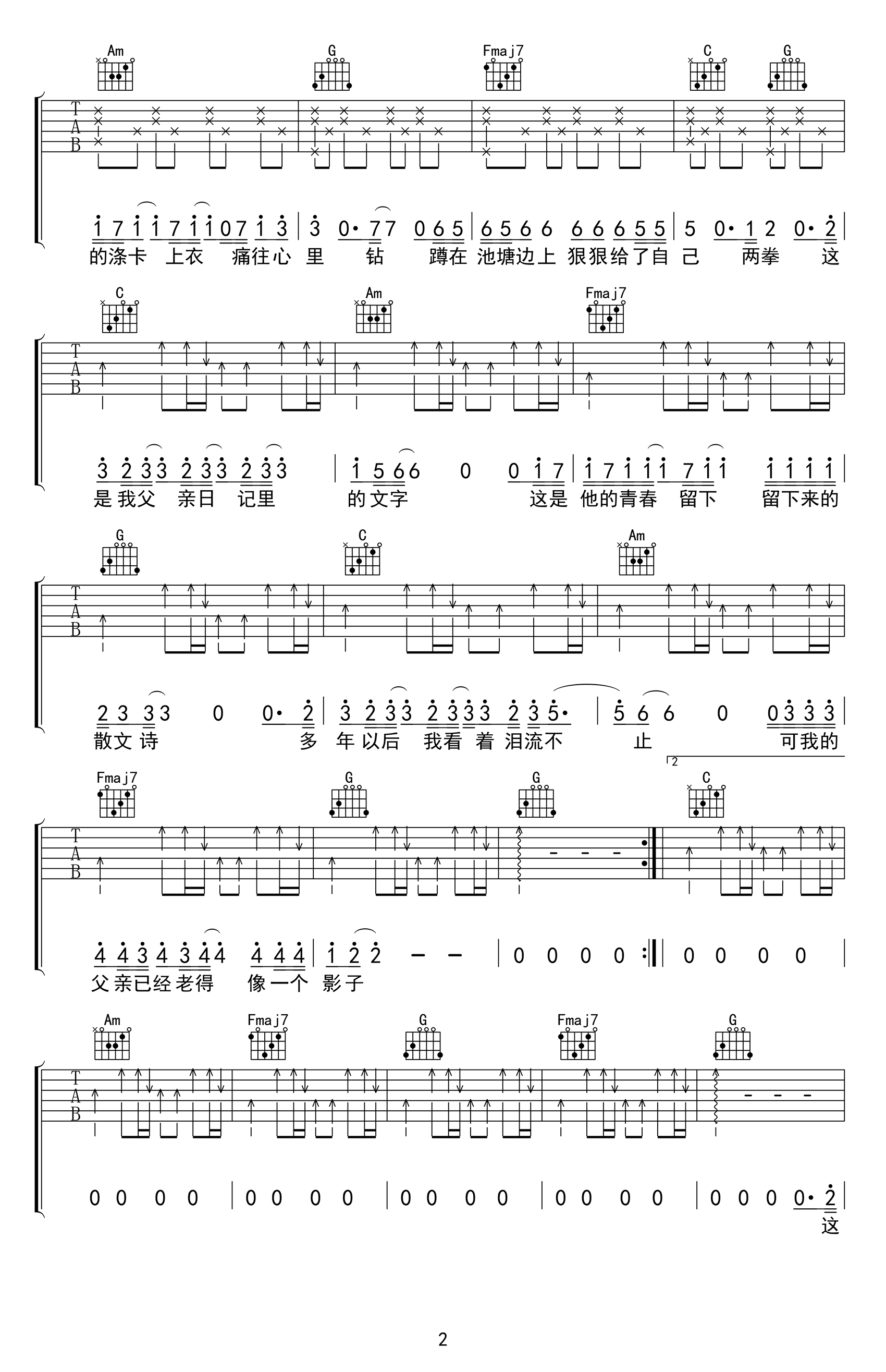 父亲写的散文诗吉他谱_李健_C调弹唱谱_高清六线谱