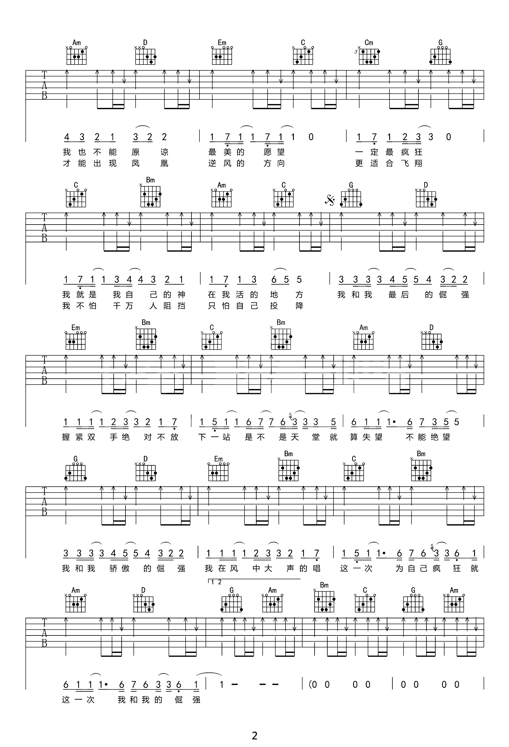 倔强吉他谱_G调原版_五月天_高清弹唱六线谱