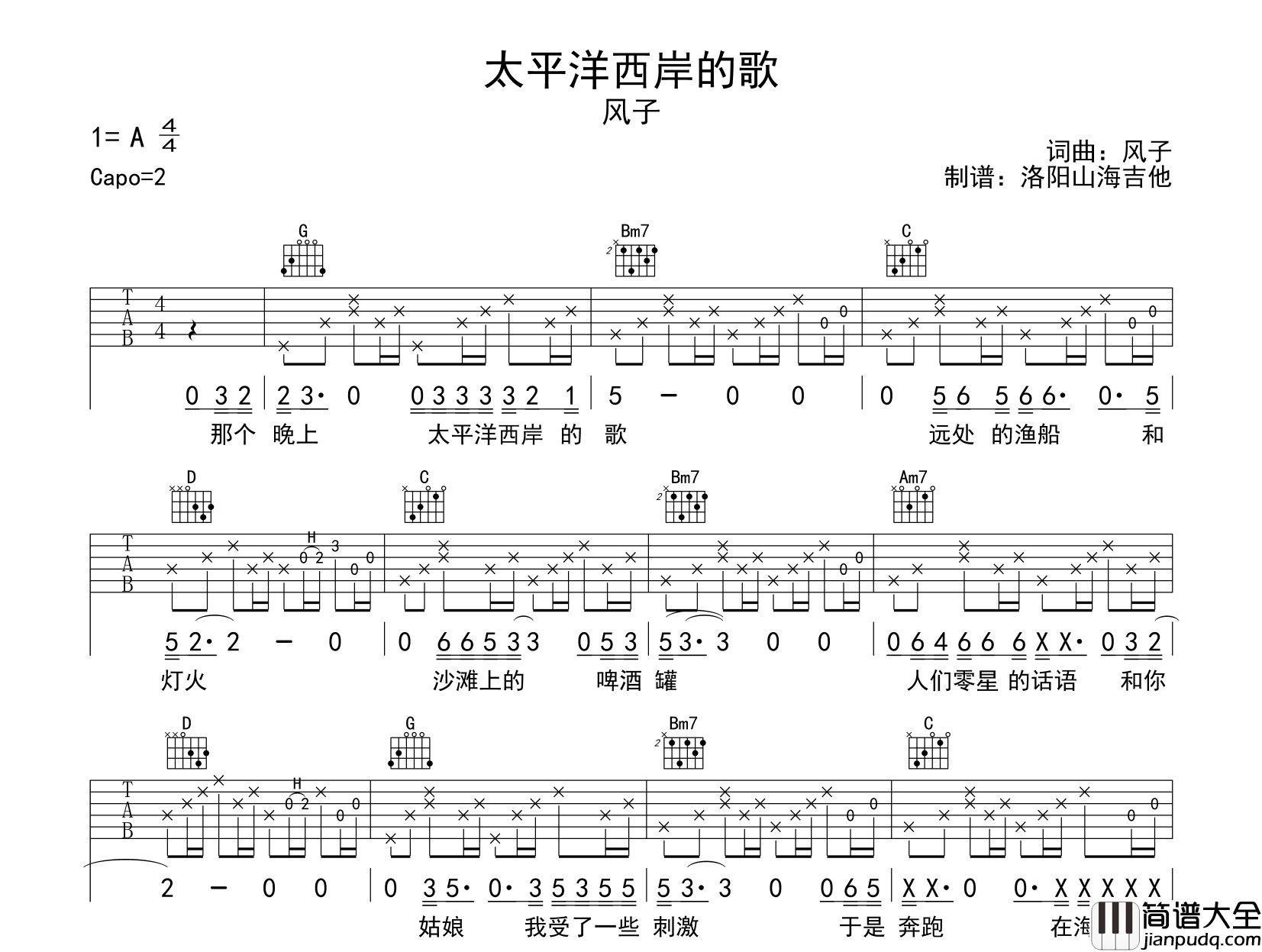 风子_太平洋西岸的歌_吉他谱_G调指法原版吉他谱_图片谱