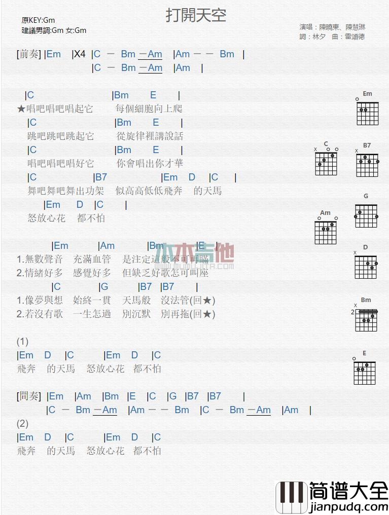 打开天空_吉他谱_陈晓东