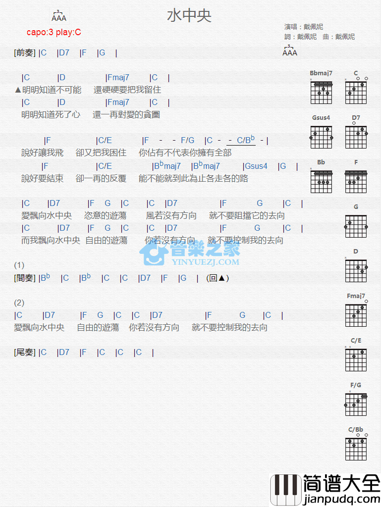 水中央吉他谱_C调版_戴佩妮