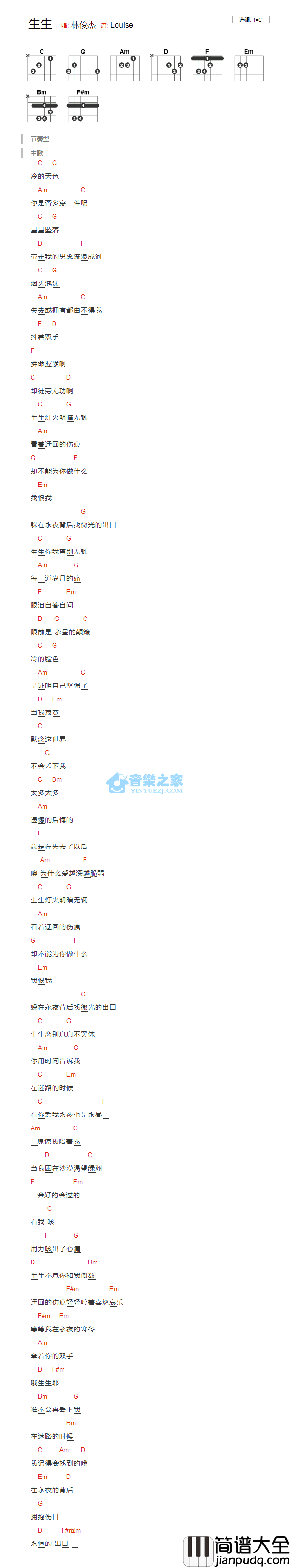 生生吉他谱_C调版_林俊杰