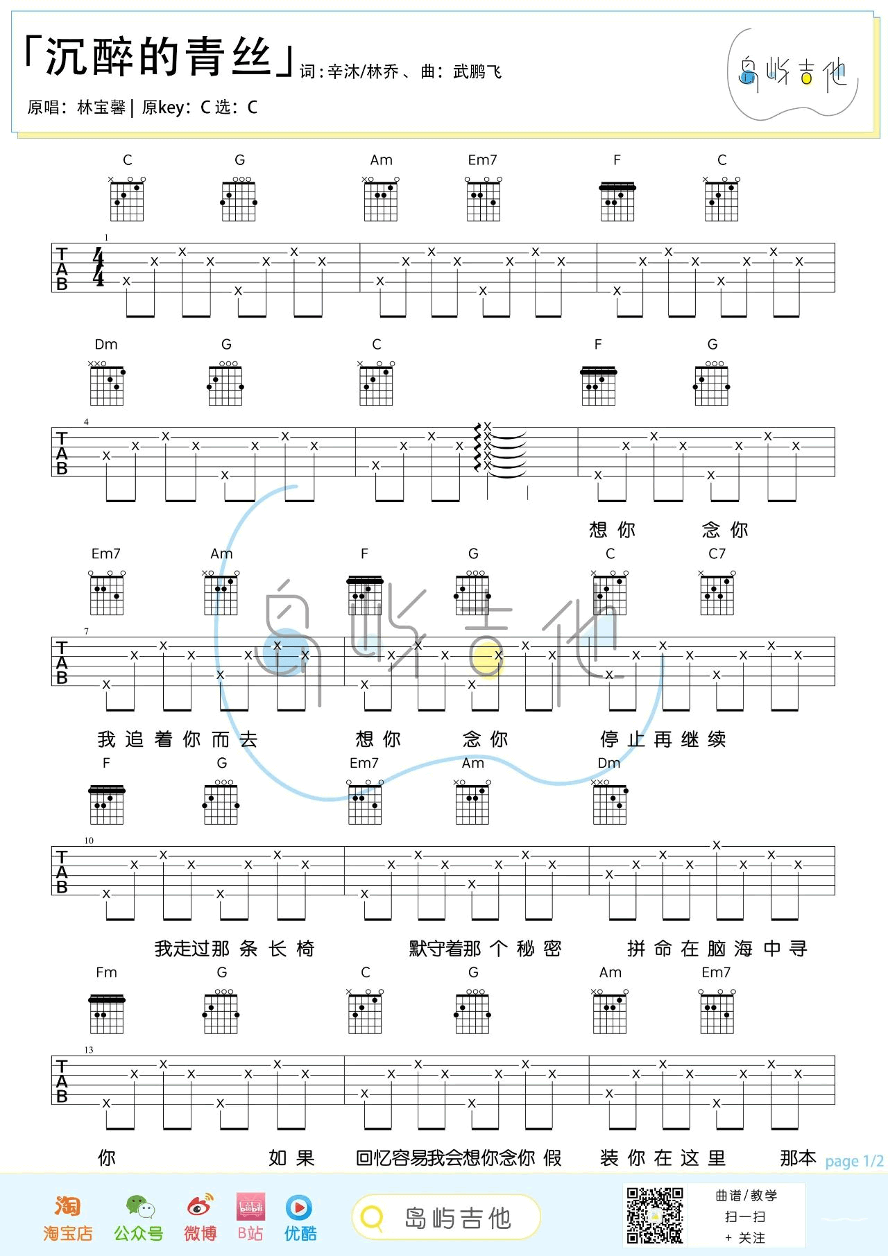 _沉醉的青丝_吉他谱_林宝馨_C调简单版弹唱谱_高清六线谱