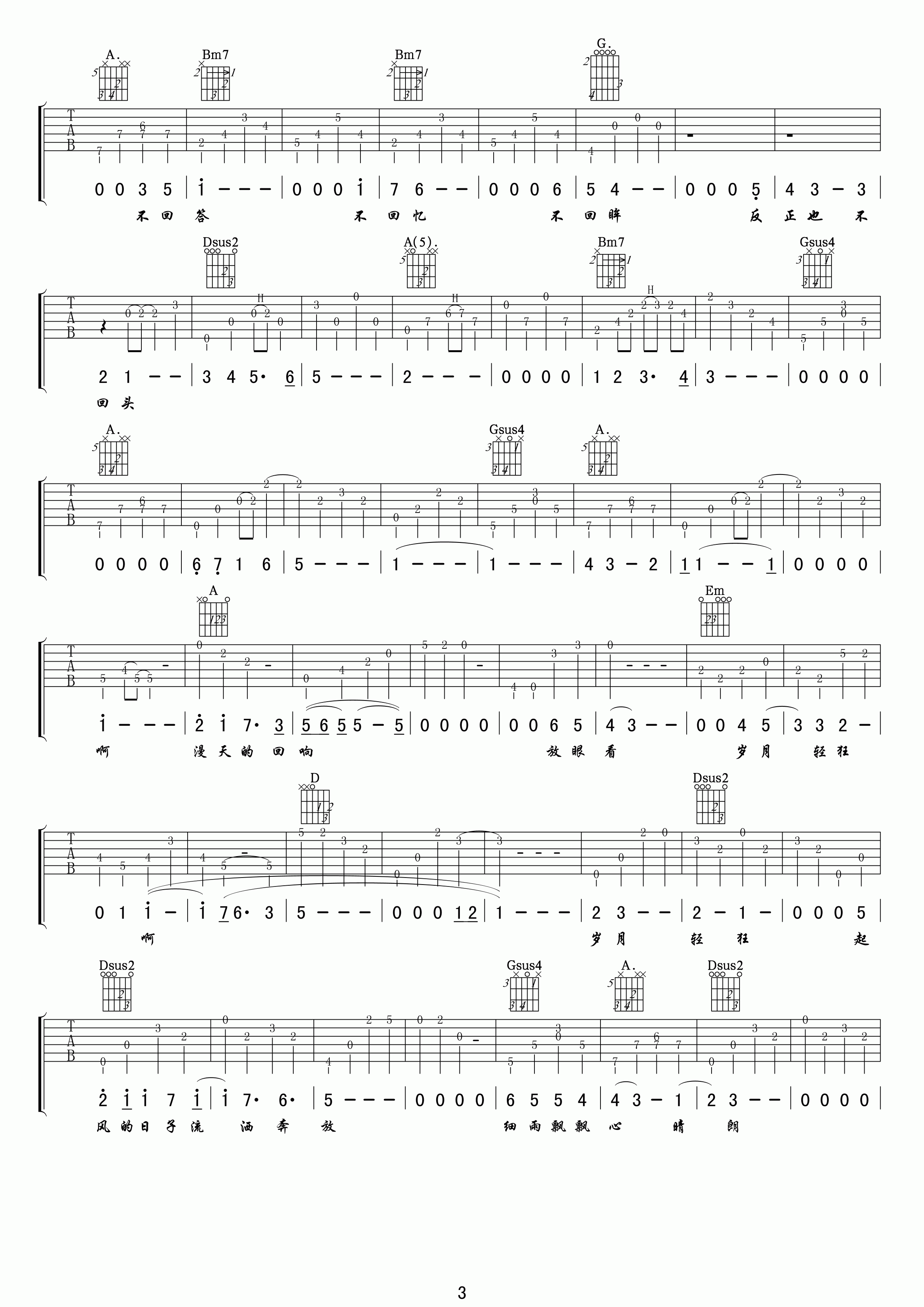 岁月轻狂吉他谱_E调高清版_小叶歌吉他编配_李治廷