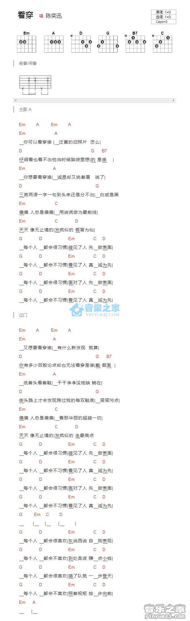看穿吉他谱_G调和弦谱_陈奕迅