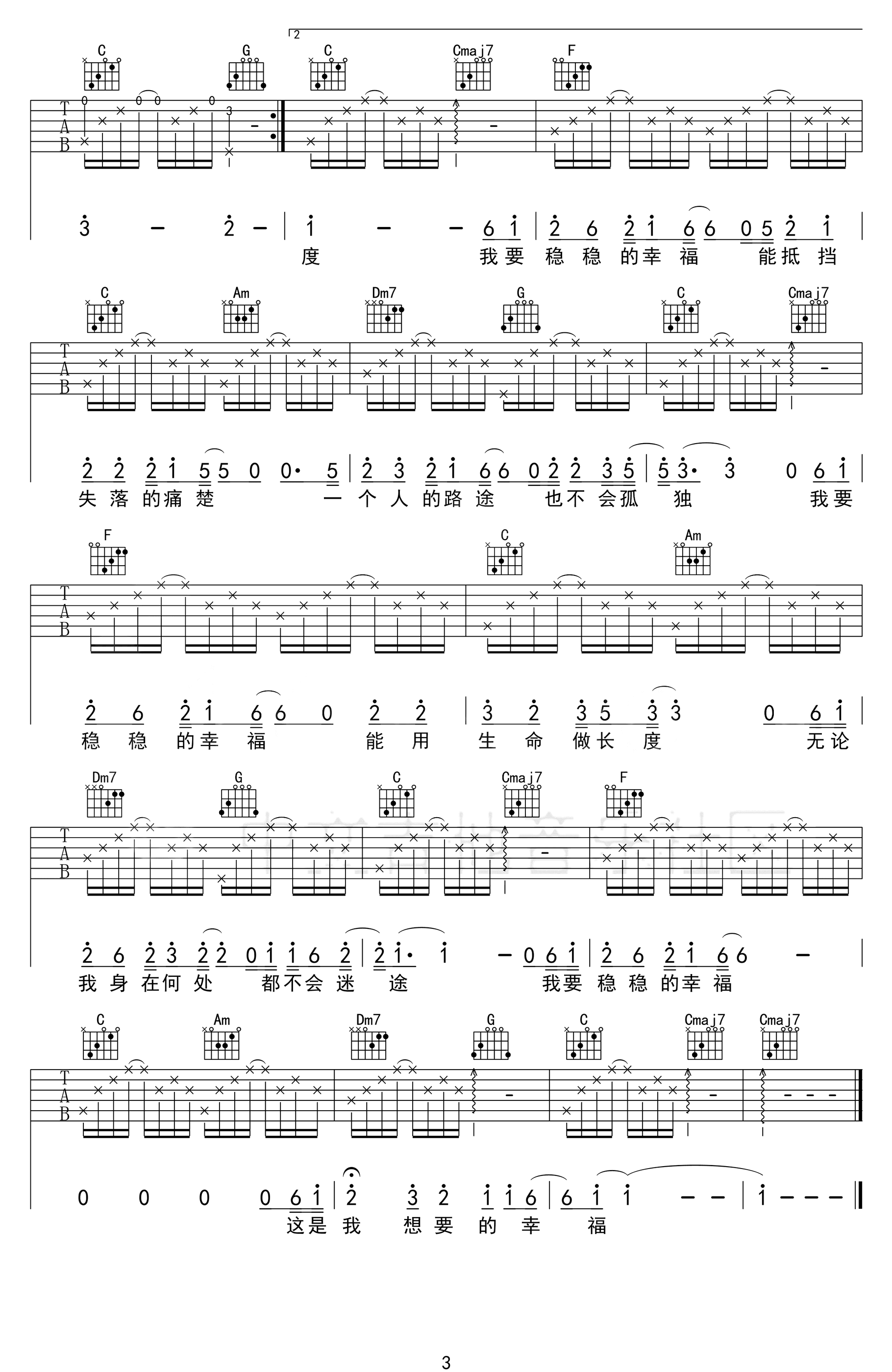 稳稳的幸福吉他谱C调_陈奕迅_高清六线谱
