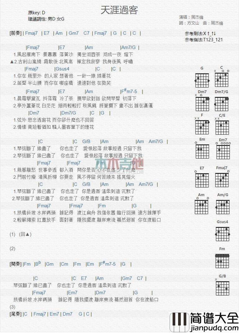 天涯过客_吉他谱_周杰伦