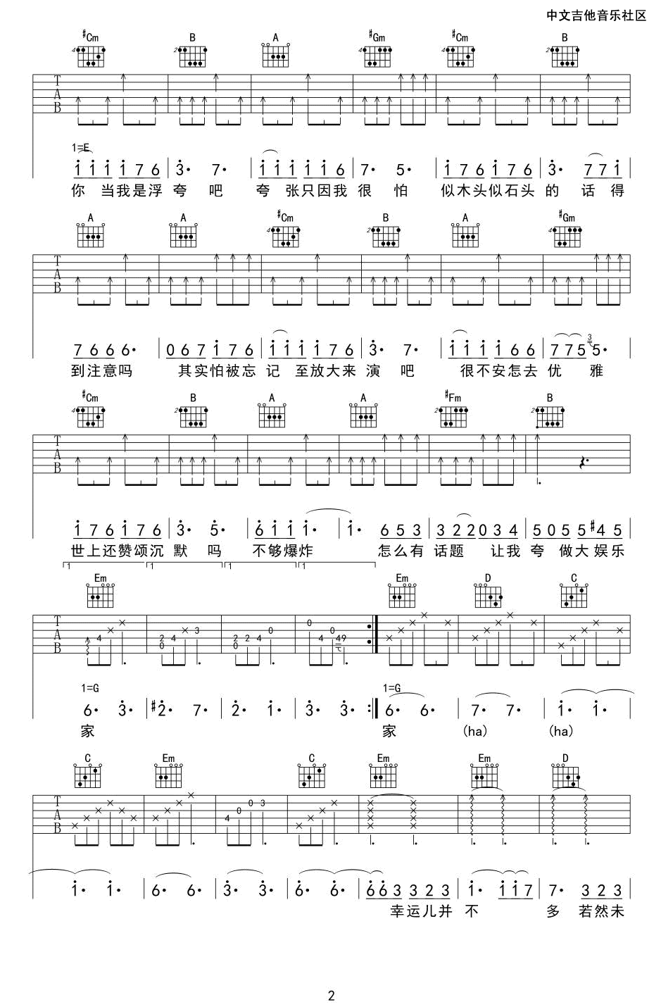 浮夸吉他谱_陈奕迅__浮夸_G调弹唱六线谱_高清图片谱