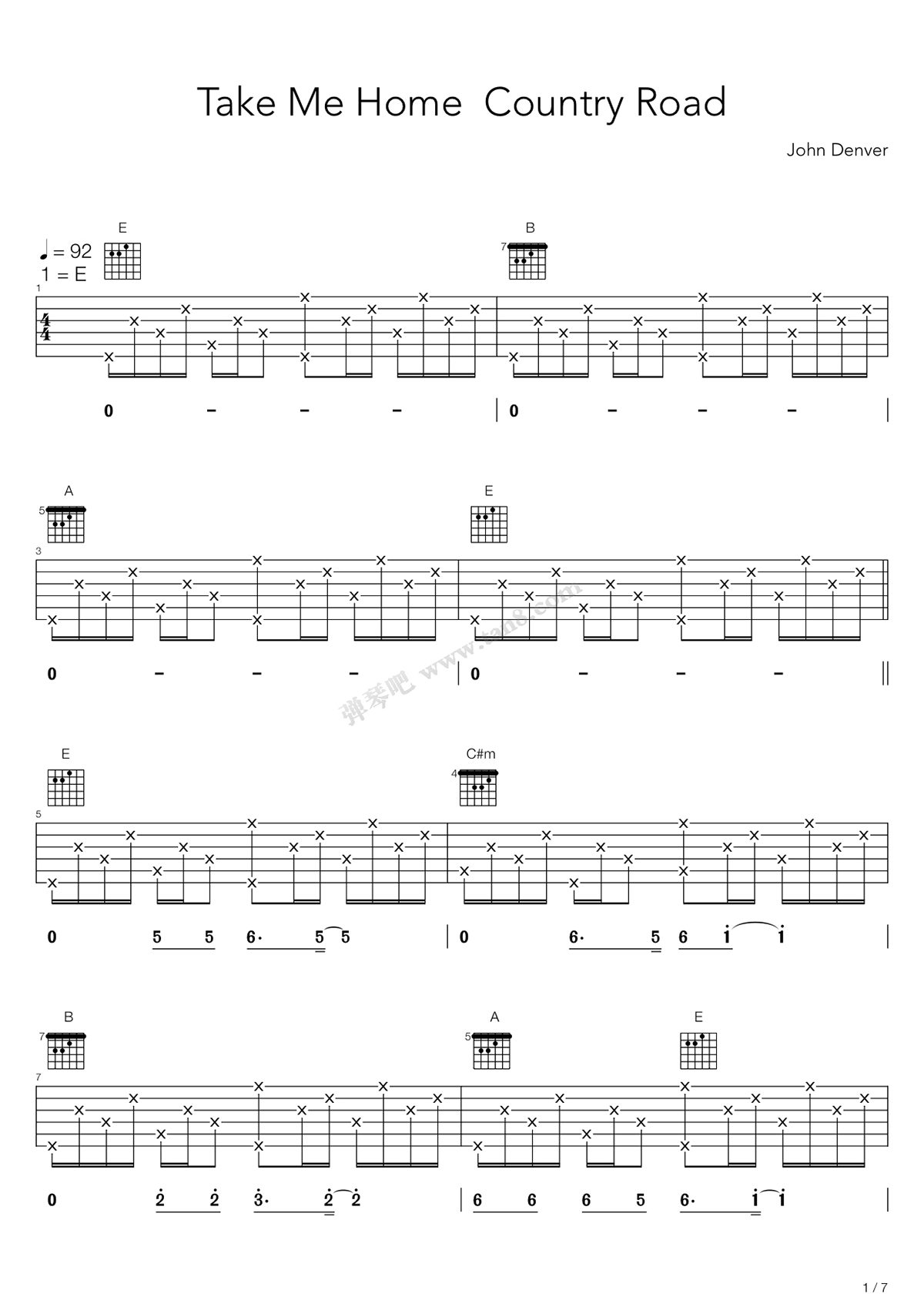 Take_me_home_Country_Road_吉他谱_乡村路带我回家_六线谱