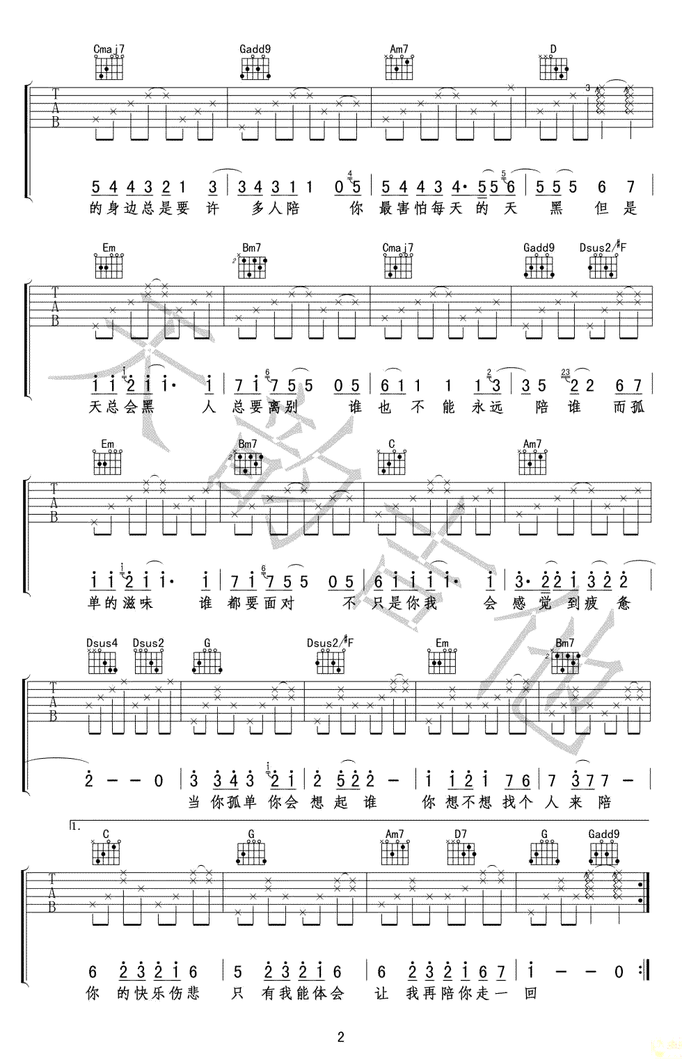 _当你孤单你会想起谁_吉他谱_张栋梁_G调原版弹唱谱_高清六线谱