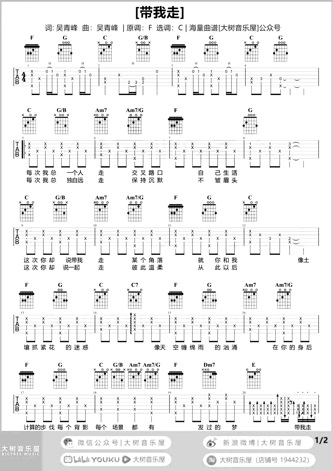杨丞琳_带我走_吉他谱__带我走_C调原版六线谱【附视频】