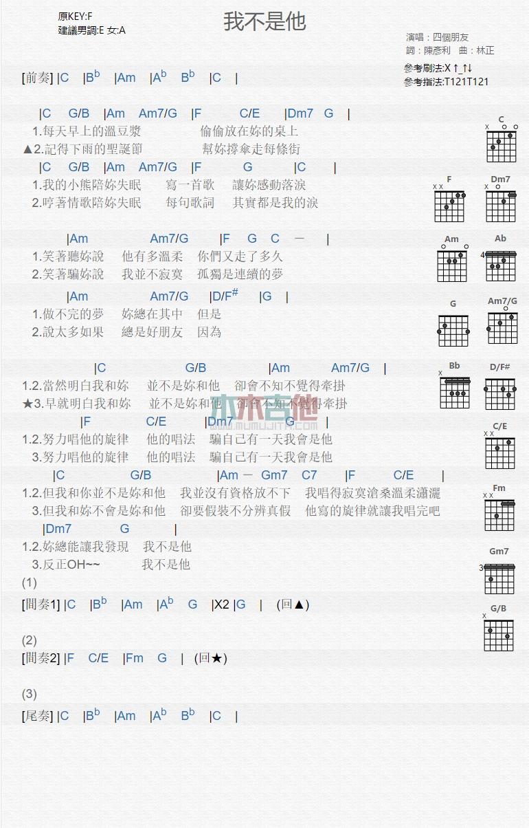 我不是他_吉他谱_四个朋友