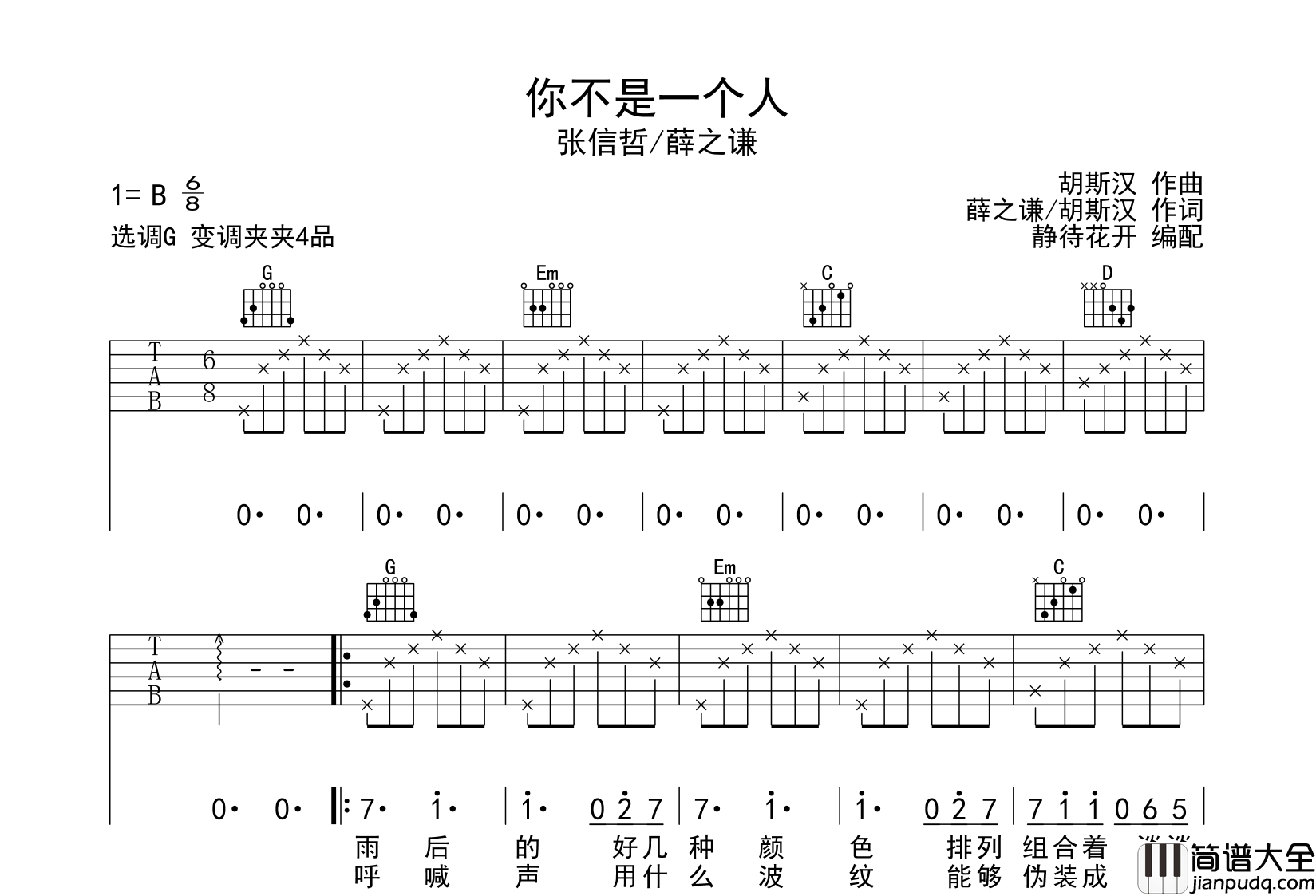 你不是一个人吉他谱_张信哲/薛之谦_G调弹唱六线谱_图片谱