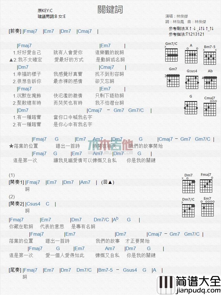 关键词_吉他谱_林俊杰