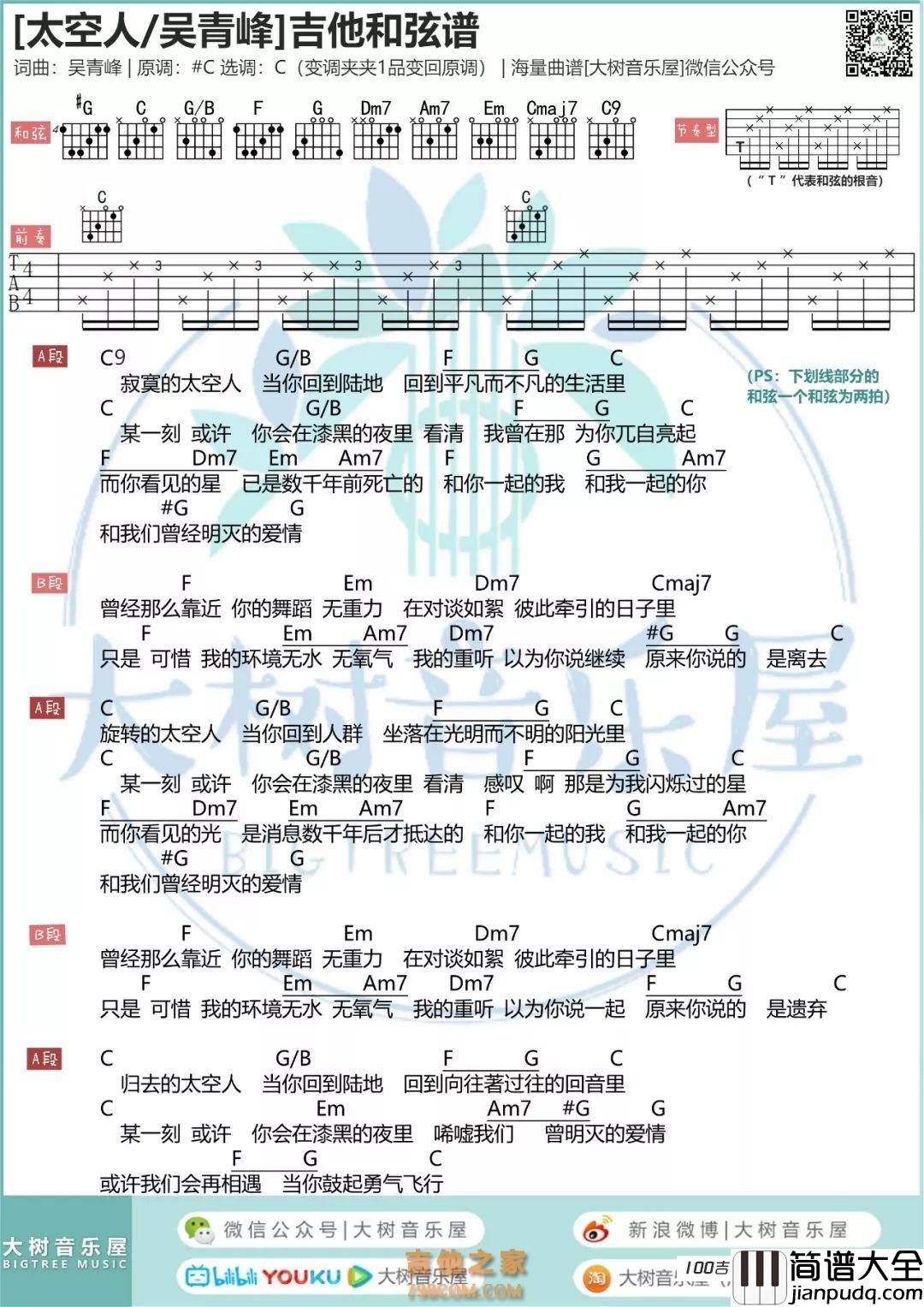 _太空人_吉他谱_吴青峰_C调吉他伴奏弹唱谱