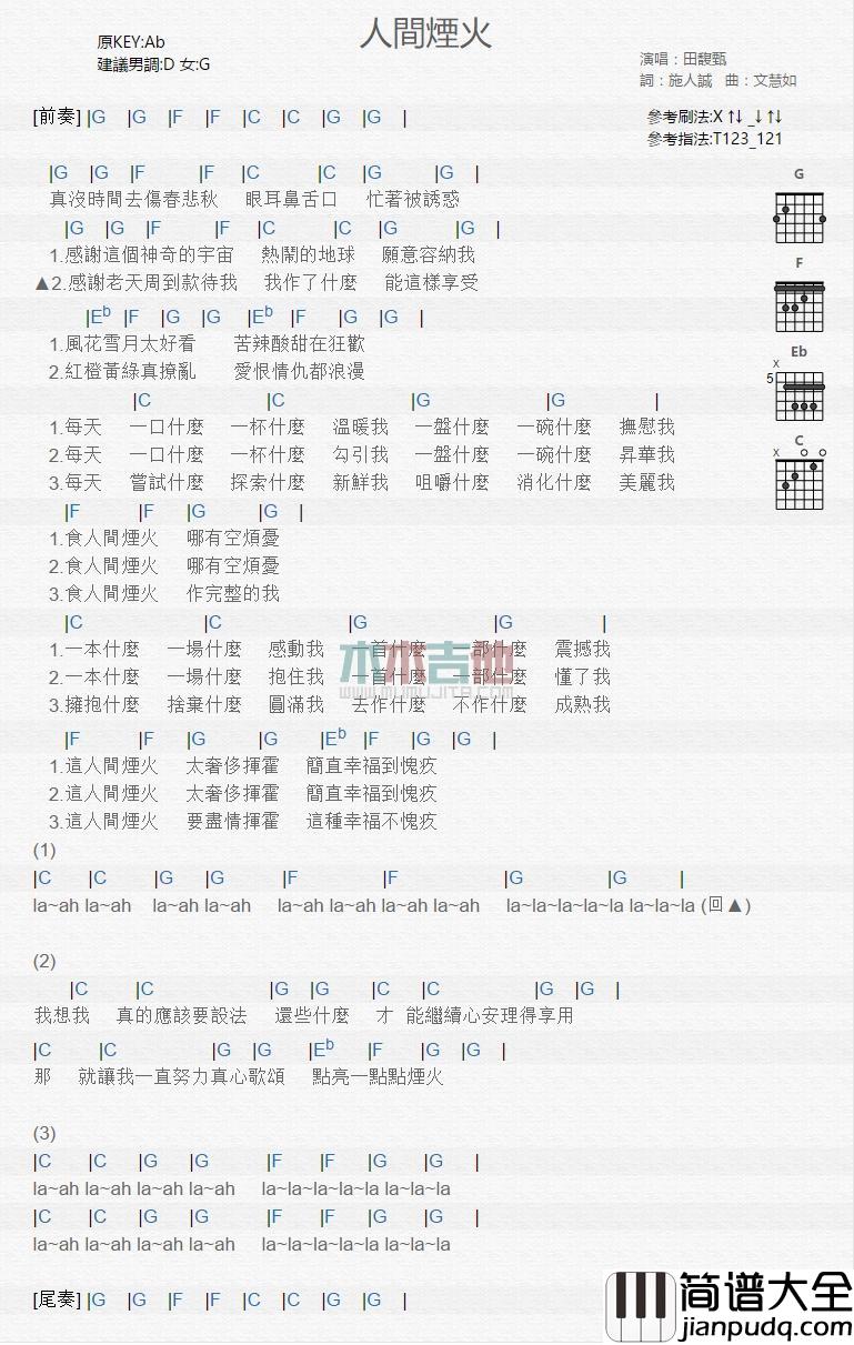 人间烟火_吉他谱_田馥甄