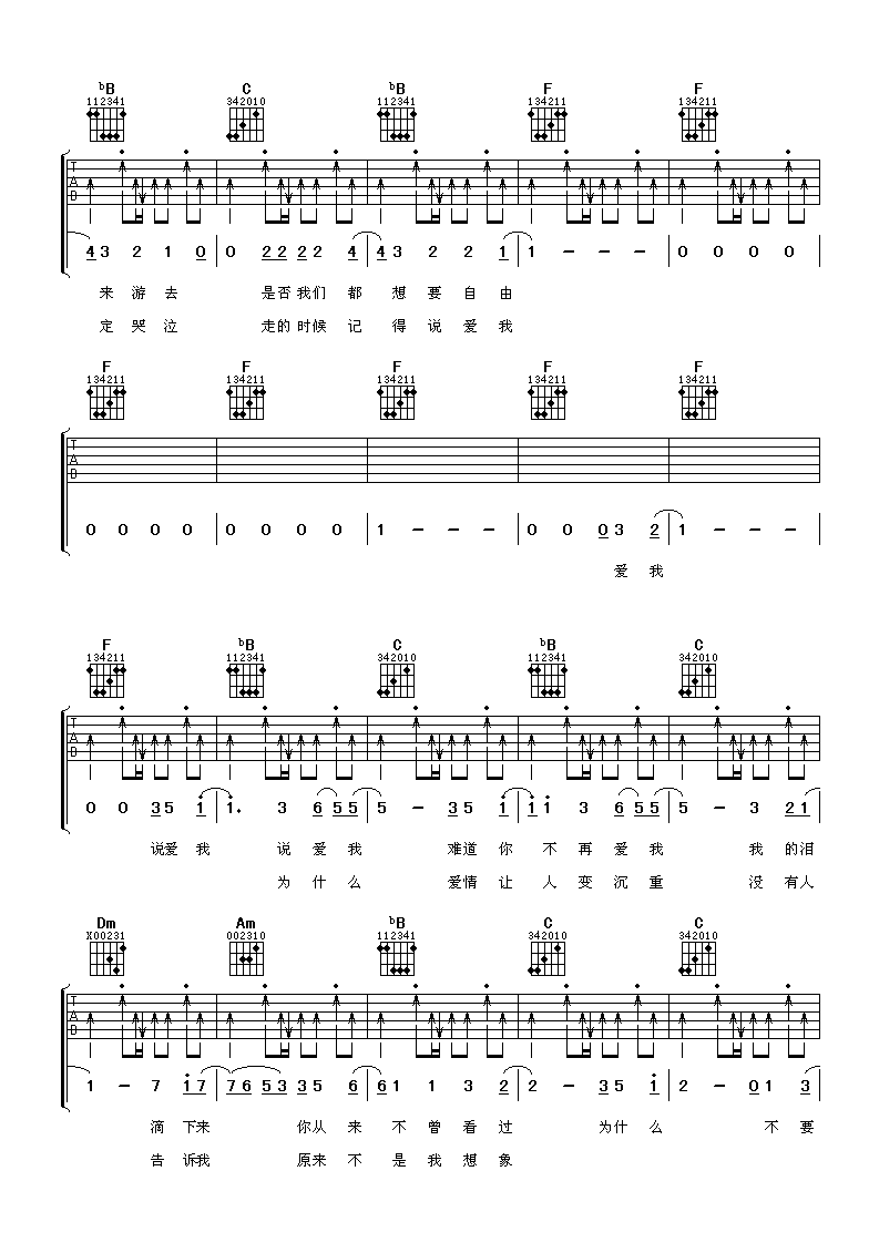 自由吉他谱_F调扫弦版_阿潘音乐工场编配_张震岳