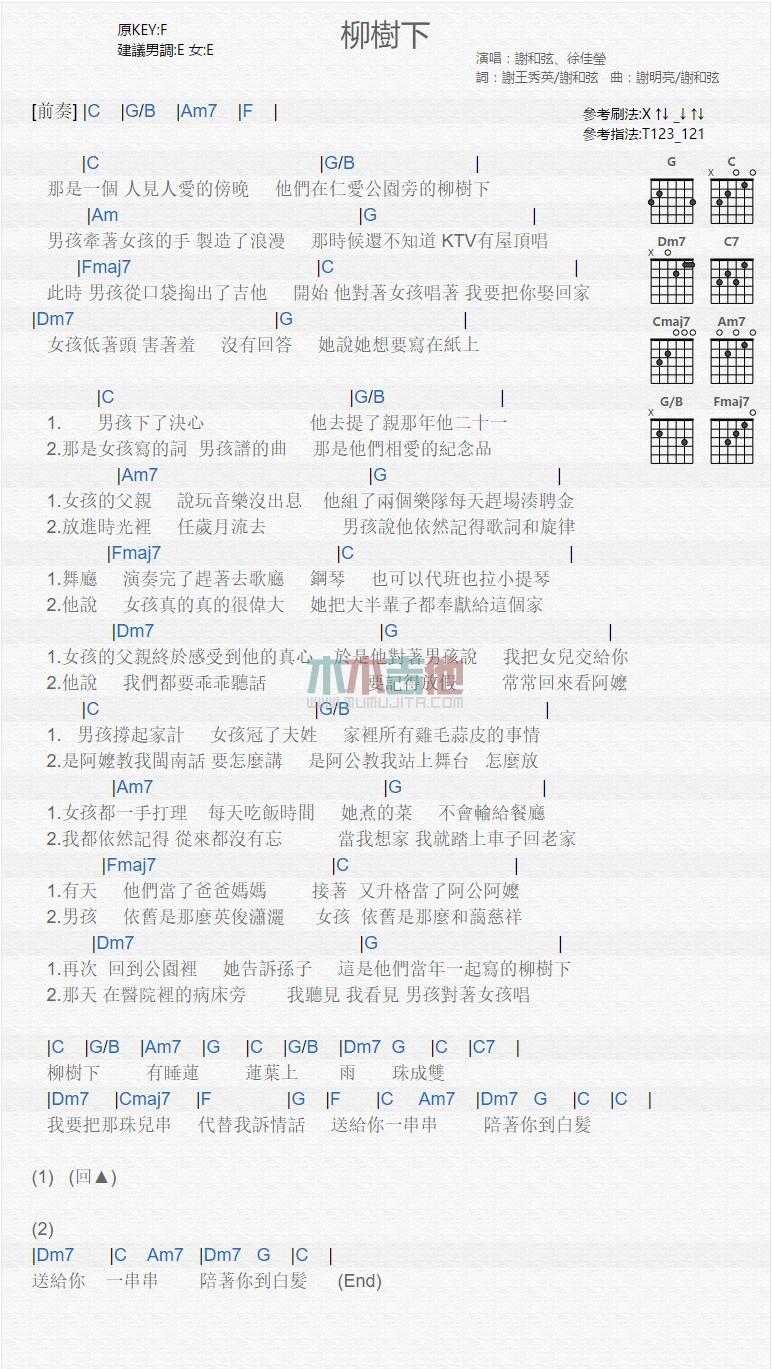 柳树下_吉他谱_谢和弦,徐佳莹