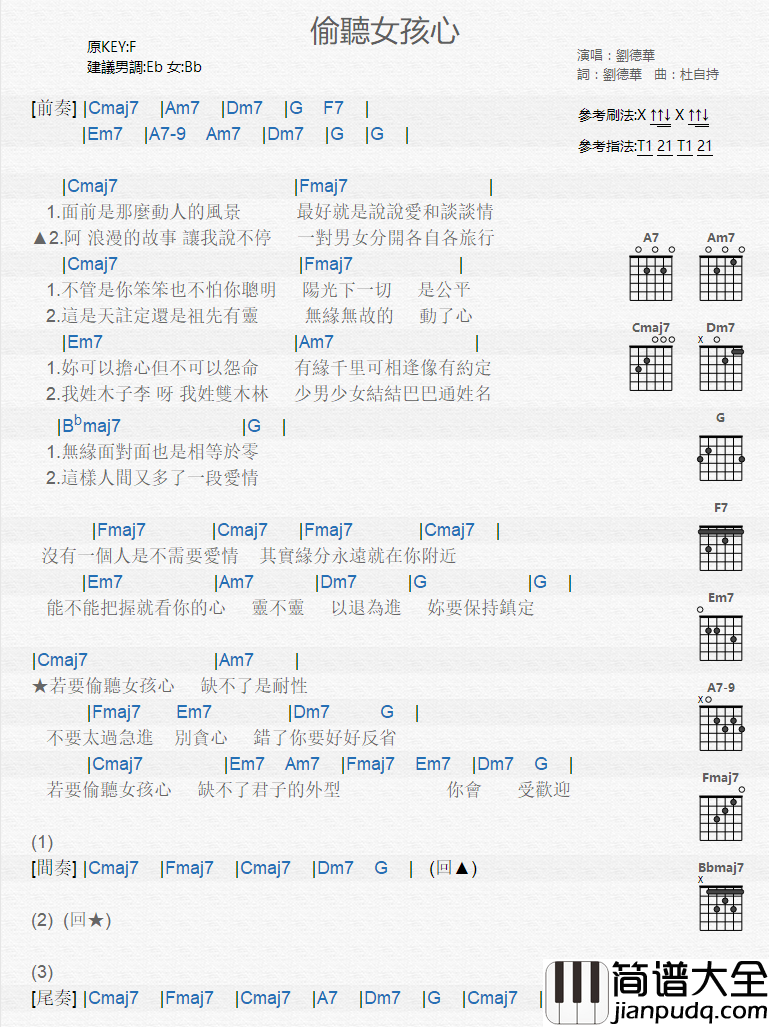 偷听女孩心_吉他谱_刘德华