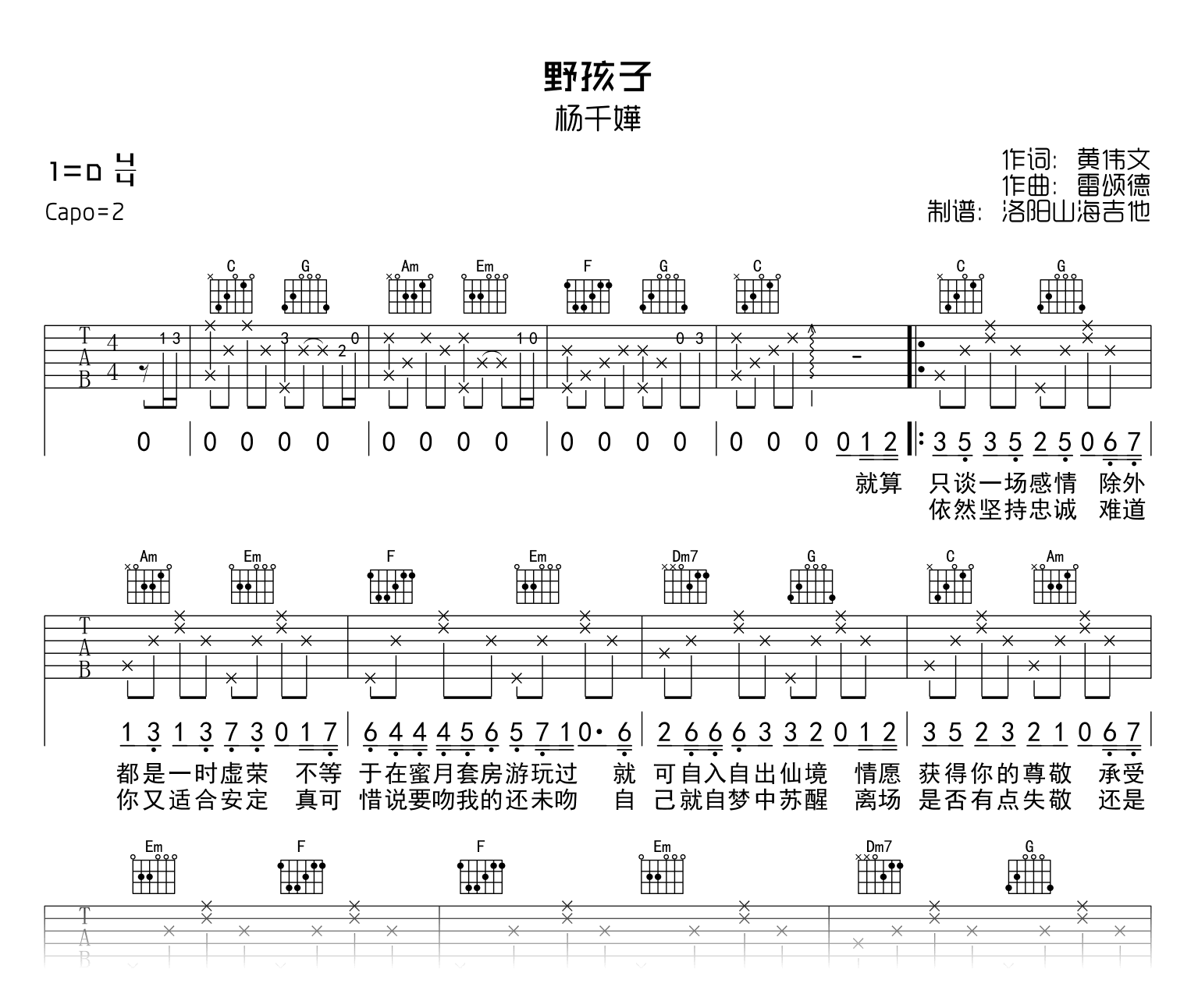 杨千嬅_野孩子_吉他谱_C调弹唱谱_附示范音频