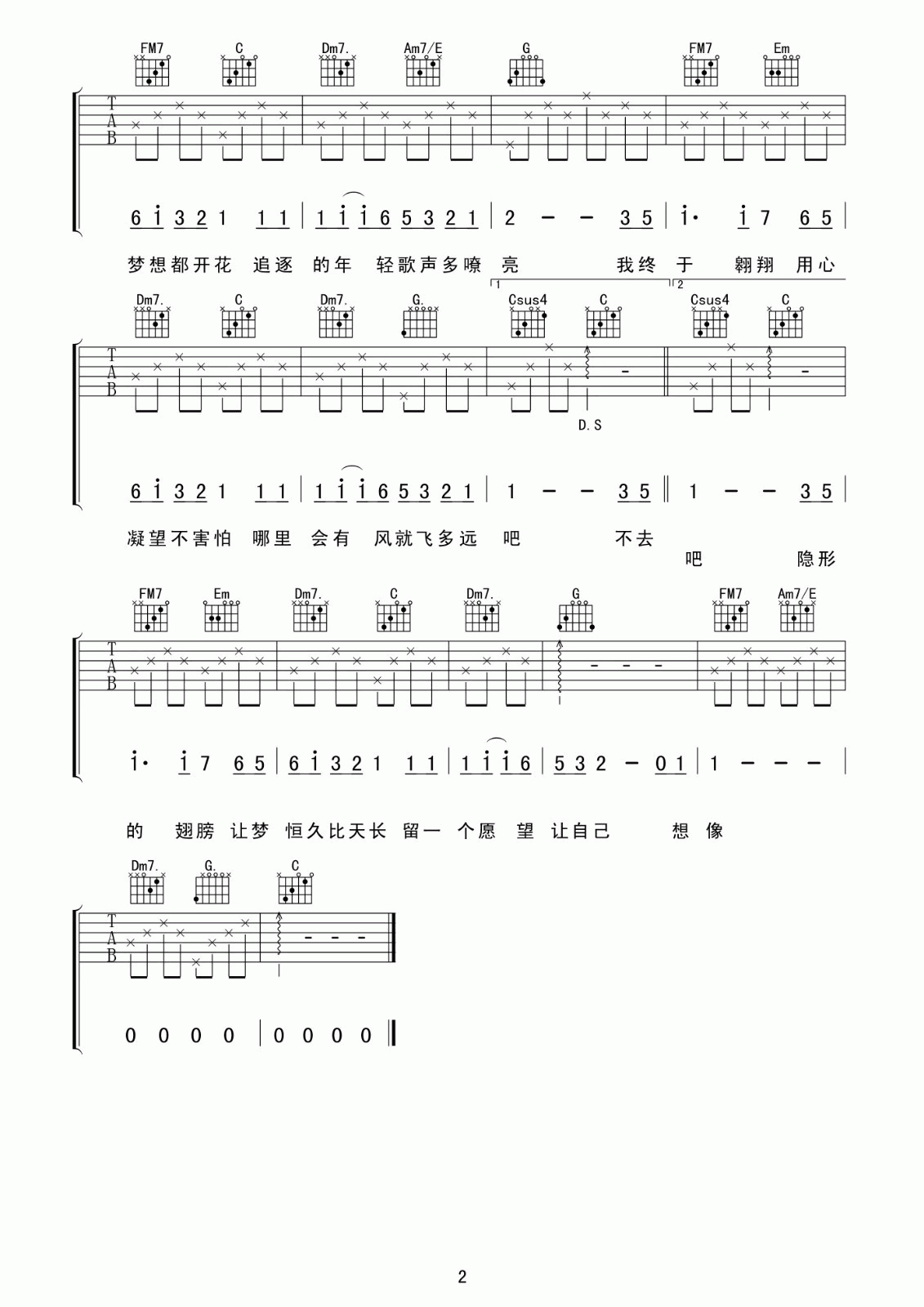 隐形的翅膀吉他谱_C调_张韶涵