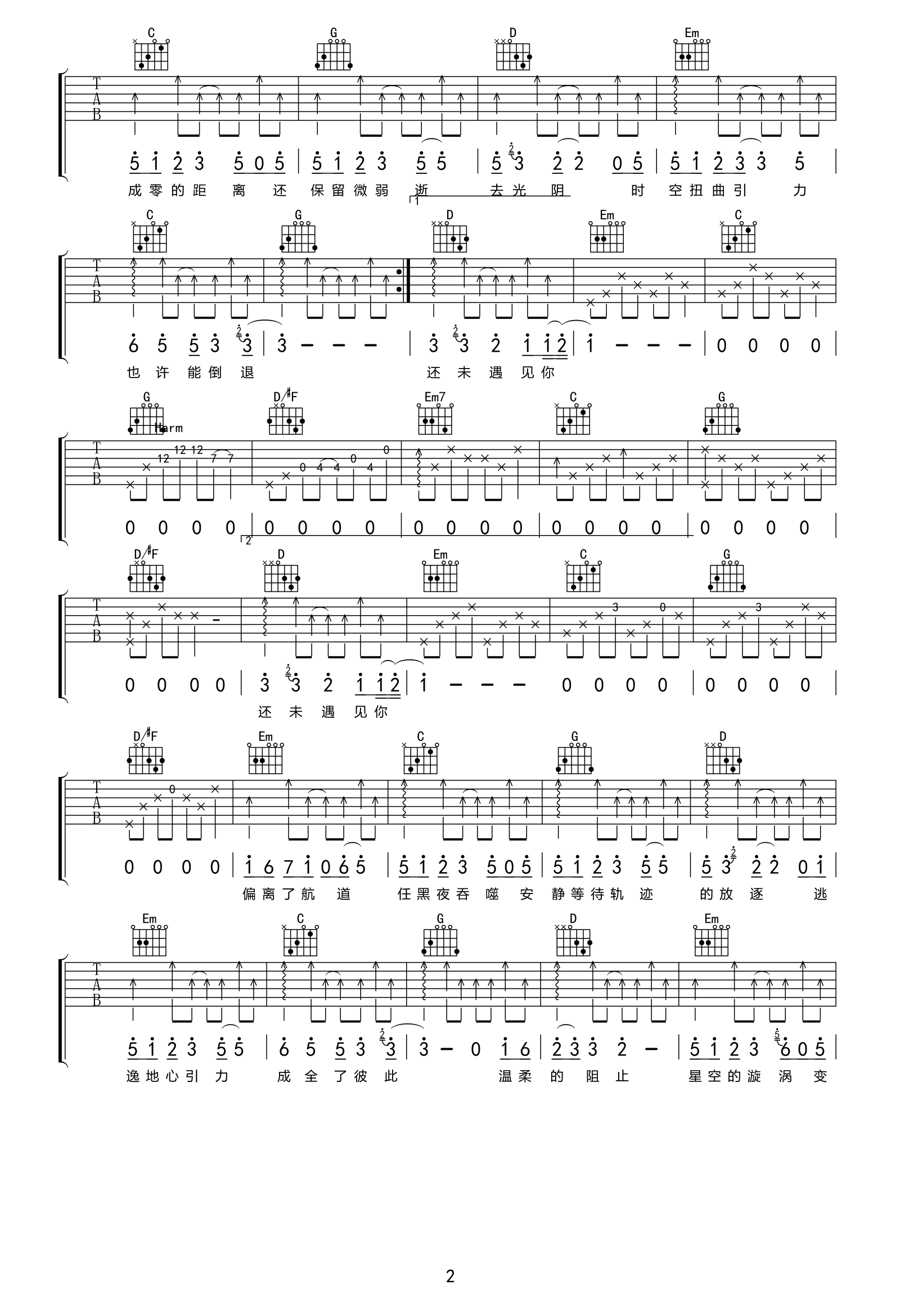 坠落星空吉他谱_小星星Aurora_G调_弹唱六线谱