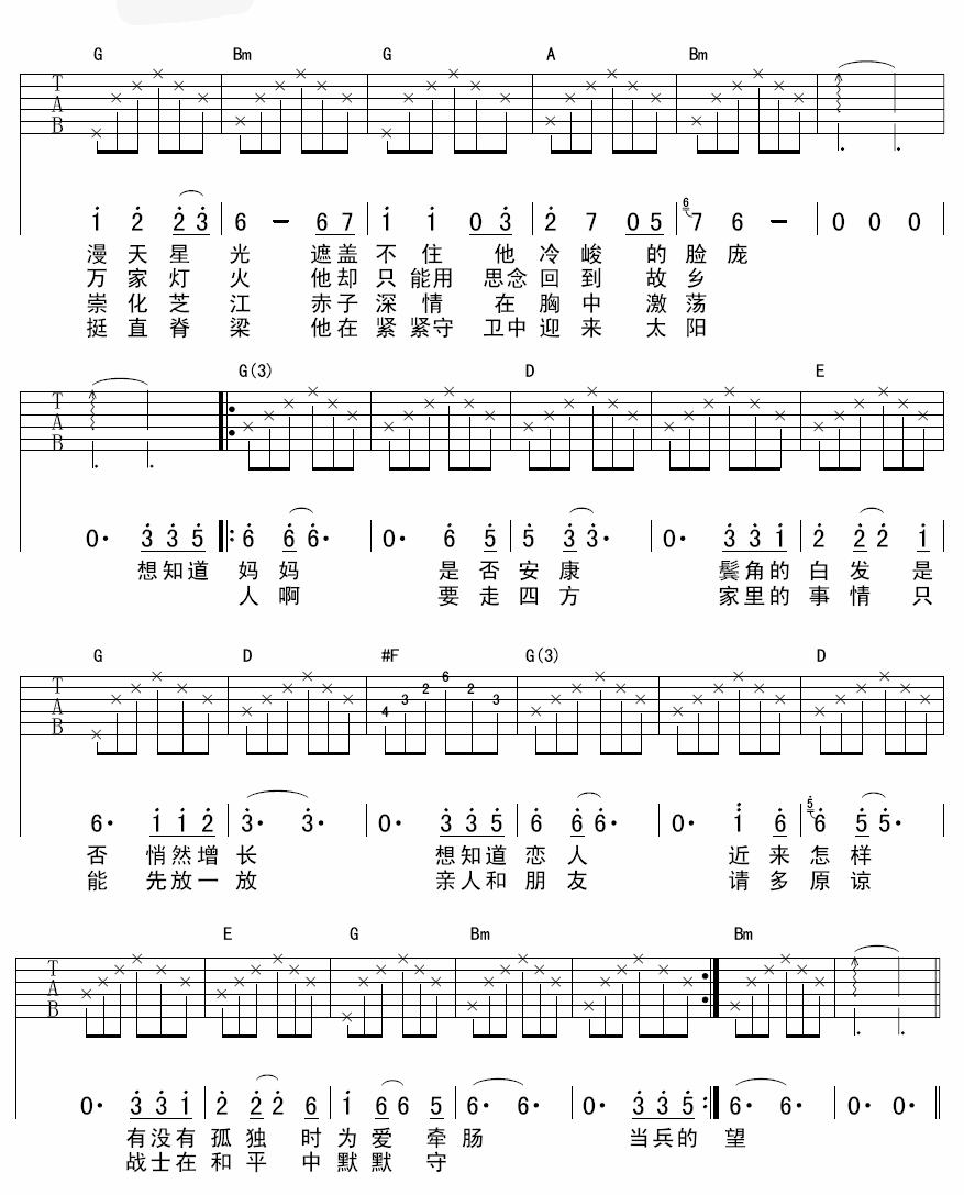 他在那里站岗吉他谱_D调六线谱_齐延麟编配_许飞