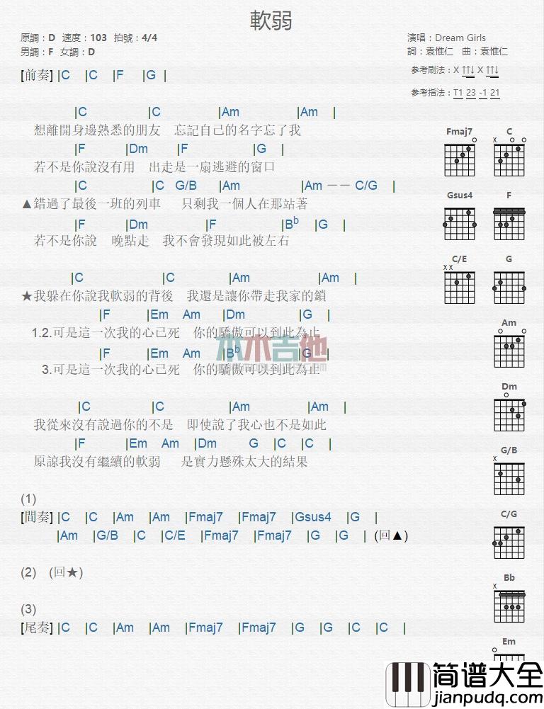 软弱吉他谱_Dream_Girls_吉他伴奏弹唱谱