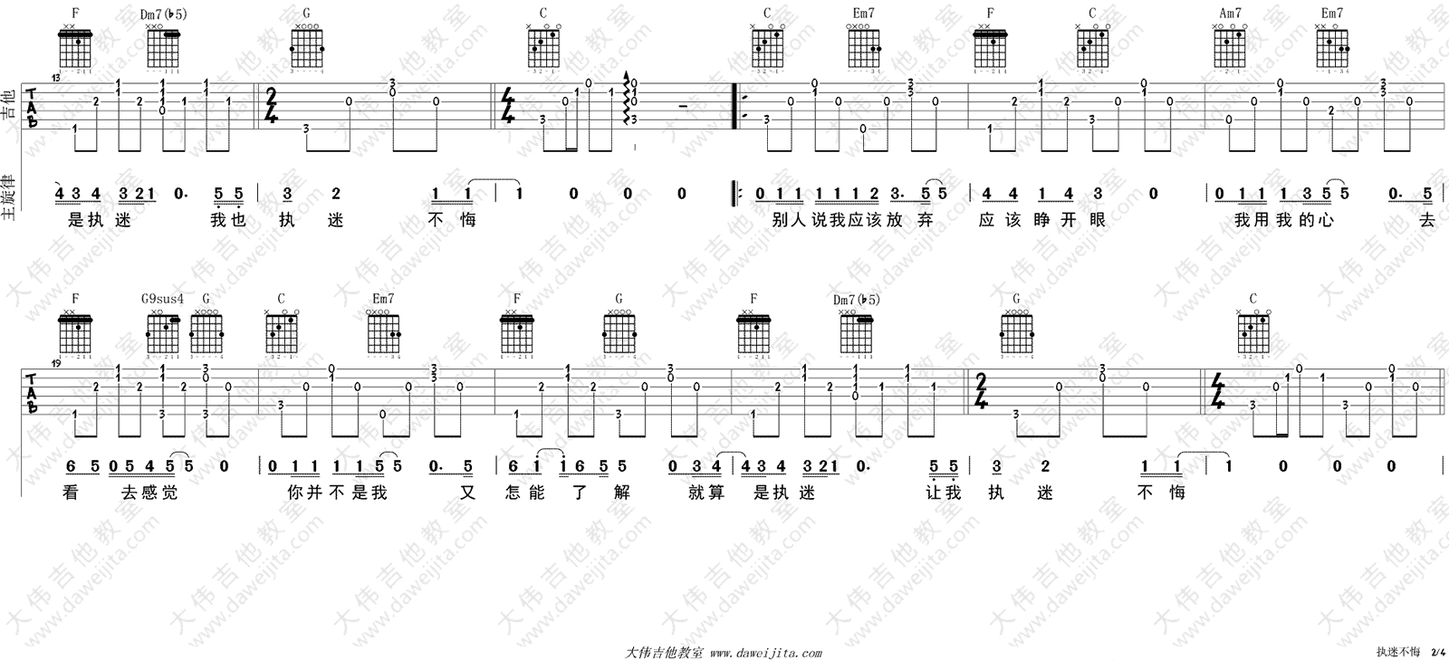 _执迷不悔_吉他谱_王菲_C调原版六线谱_吉他弹唱教学