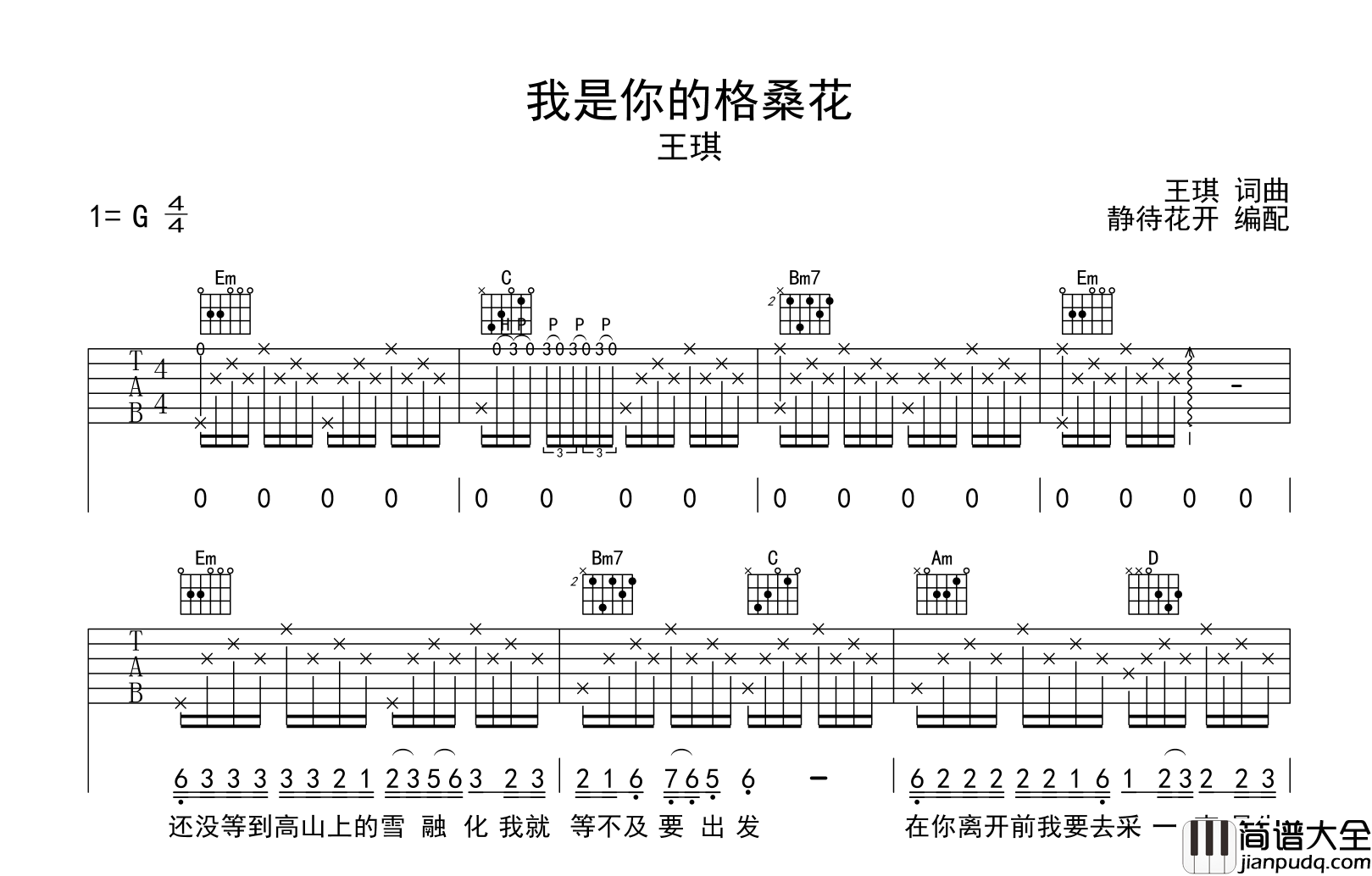 我是你的格桑花吉他谱_G调原版六线谱_吉他弹唱谱_王琪