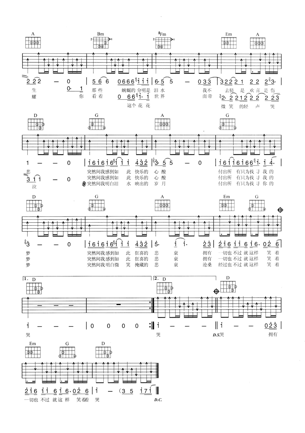 笑着哭吉他谱_D调六线谱_简单版_汪峰