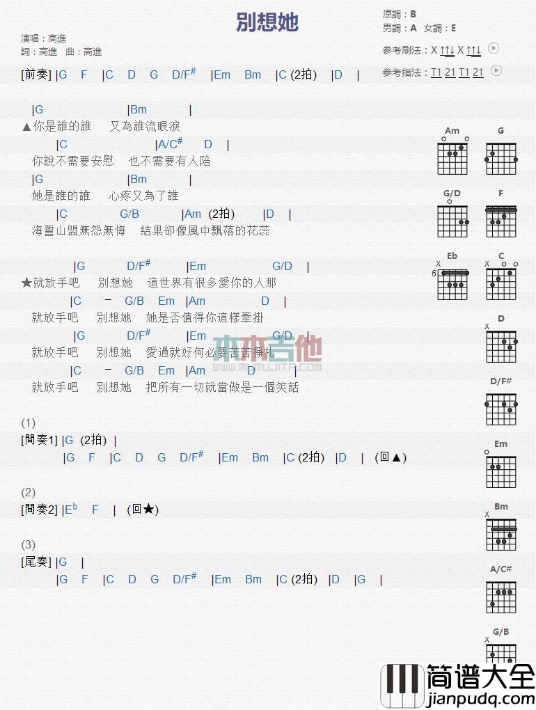 别想她_吉他谱_高进