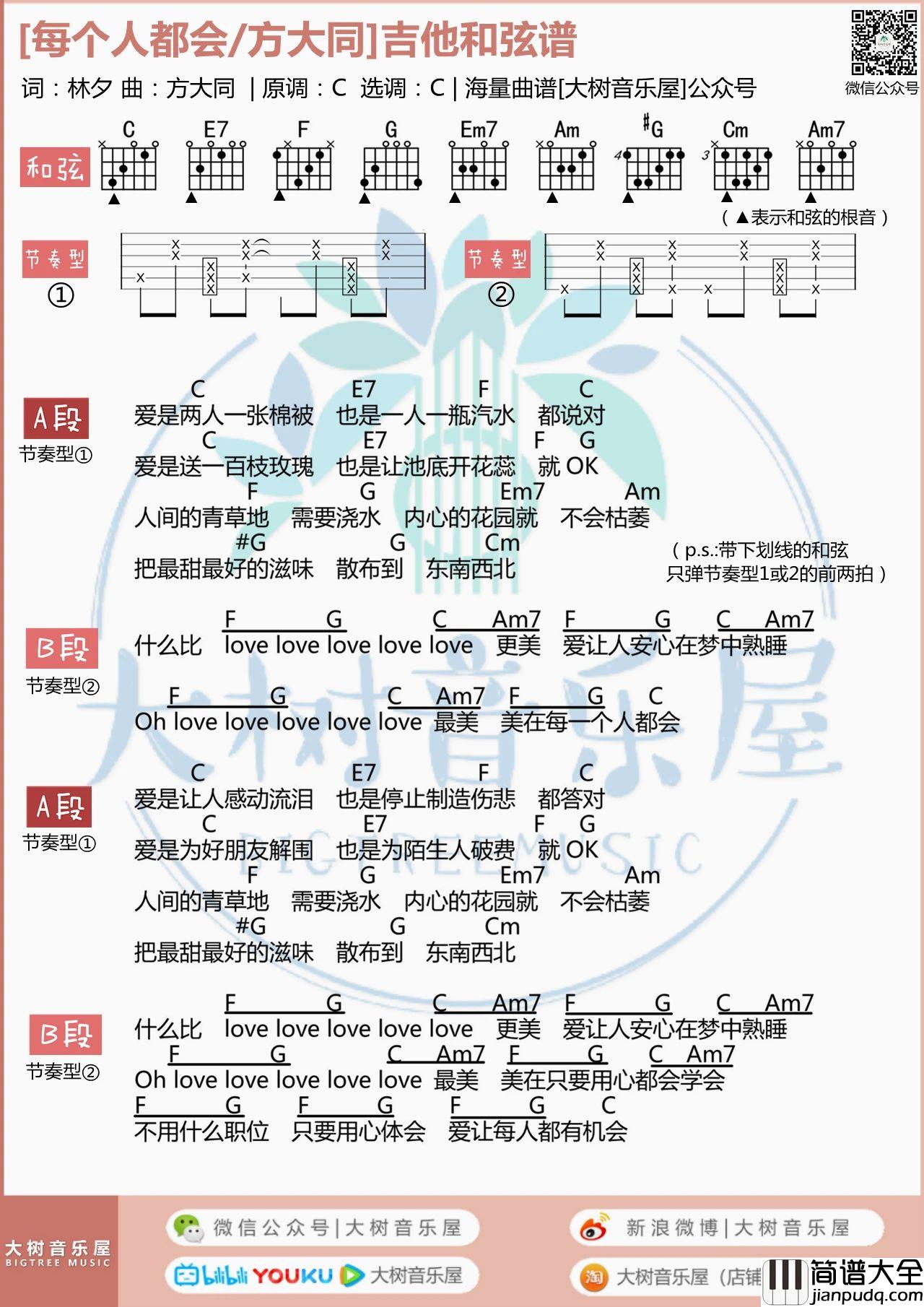 每个人都会吉他谱_方大同_C调版吉他弹唱谱