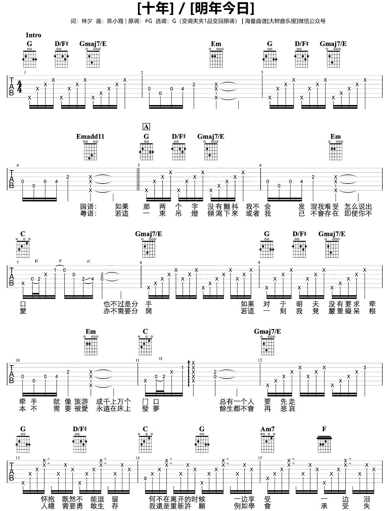 十年/明年今日吉他谱_陈奕迅_G调_弹唱演示/教学视频